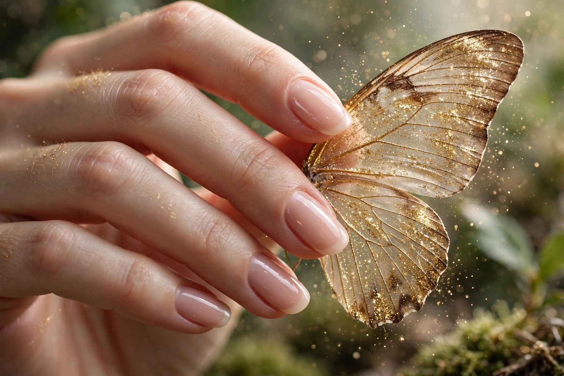 Nude nails with gold-dusted butterfly wings