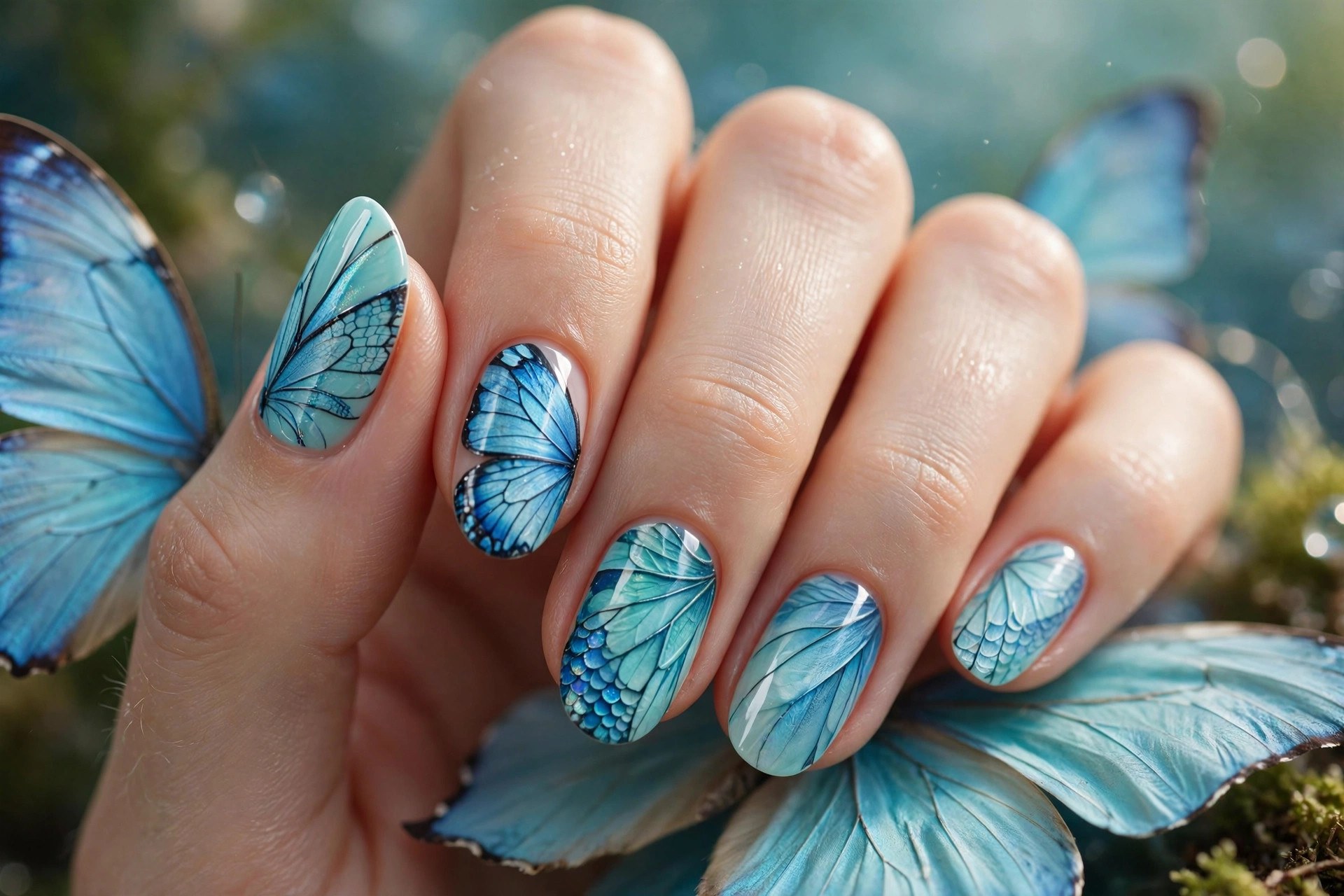 Aqua nails with ocean-inspired butterfly wings