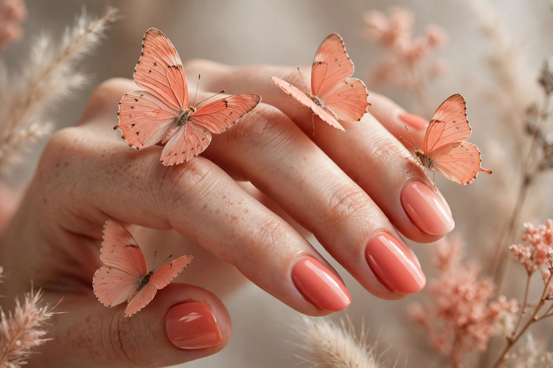 Coral nails with soft coral butterfly accents