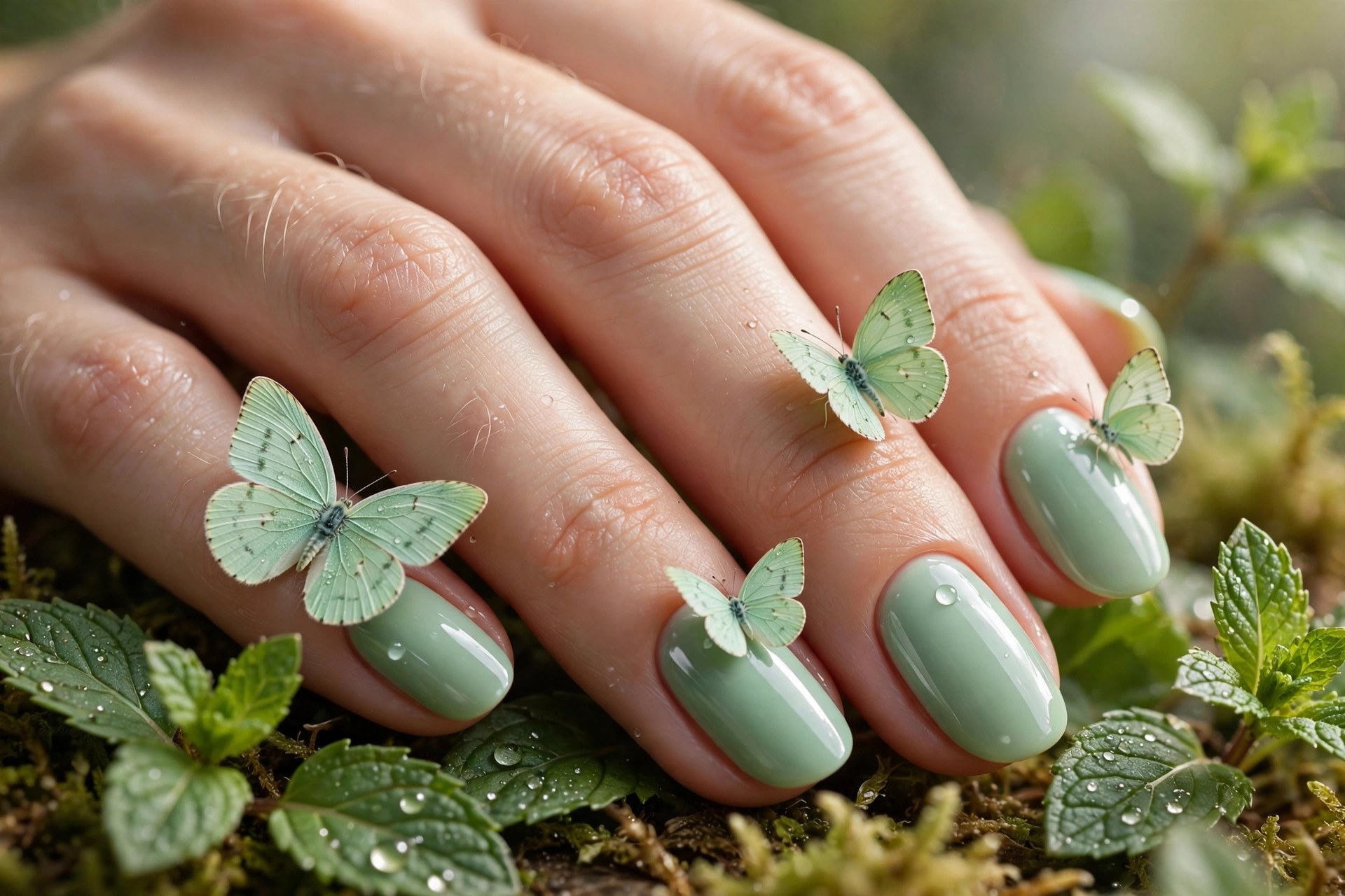 Mint nails with fresh mint butterfly accents