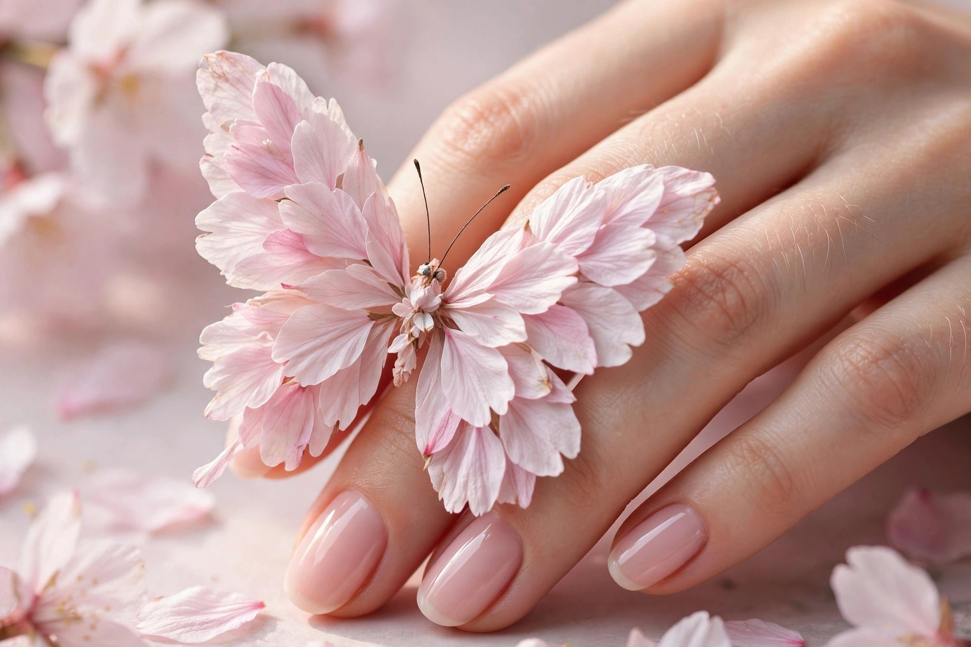 Pale pink nails with sakura blossom butterflies