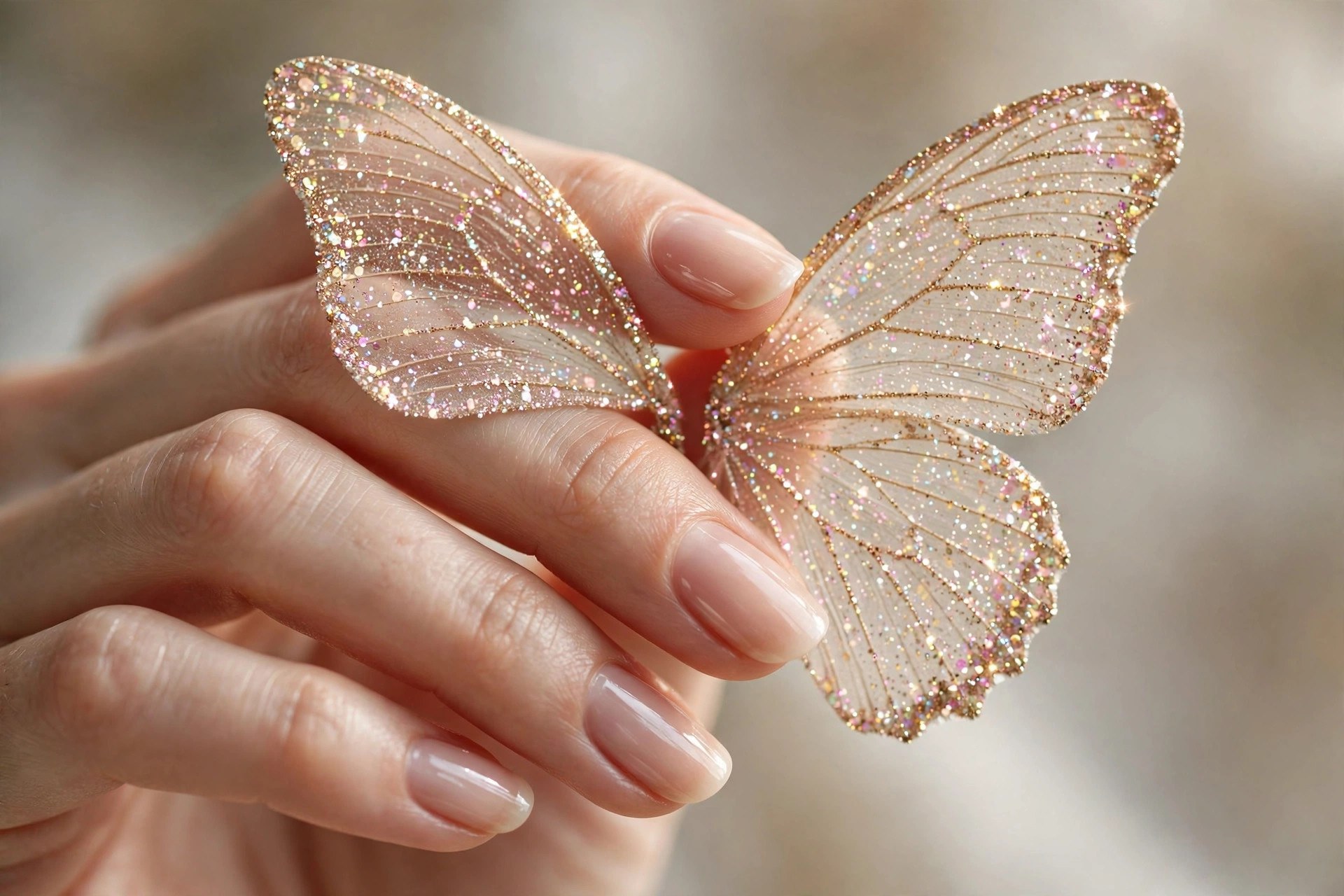 Nude nails with glitter-covered butterfly wings