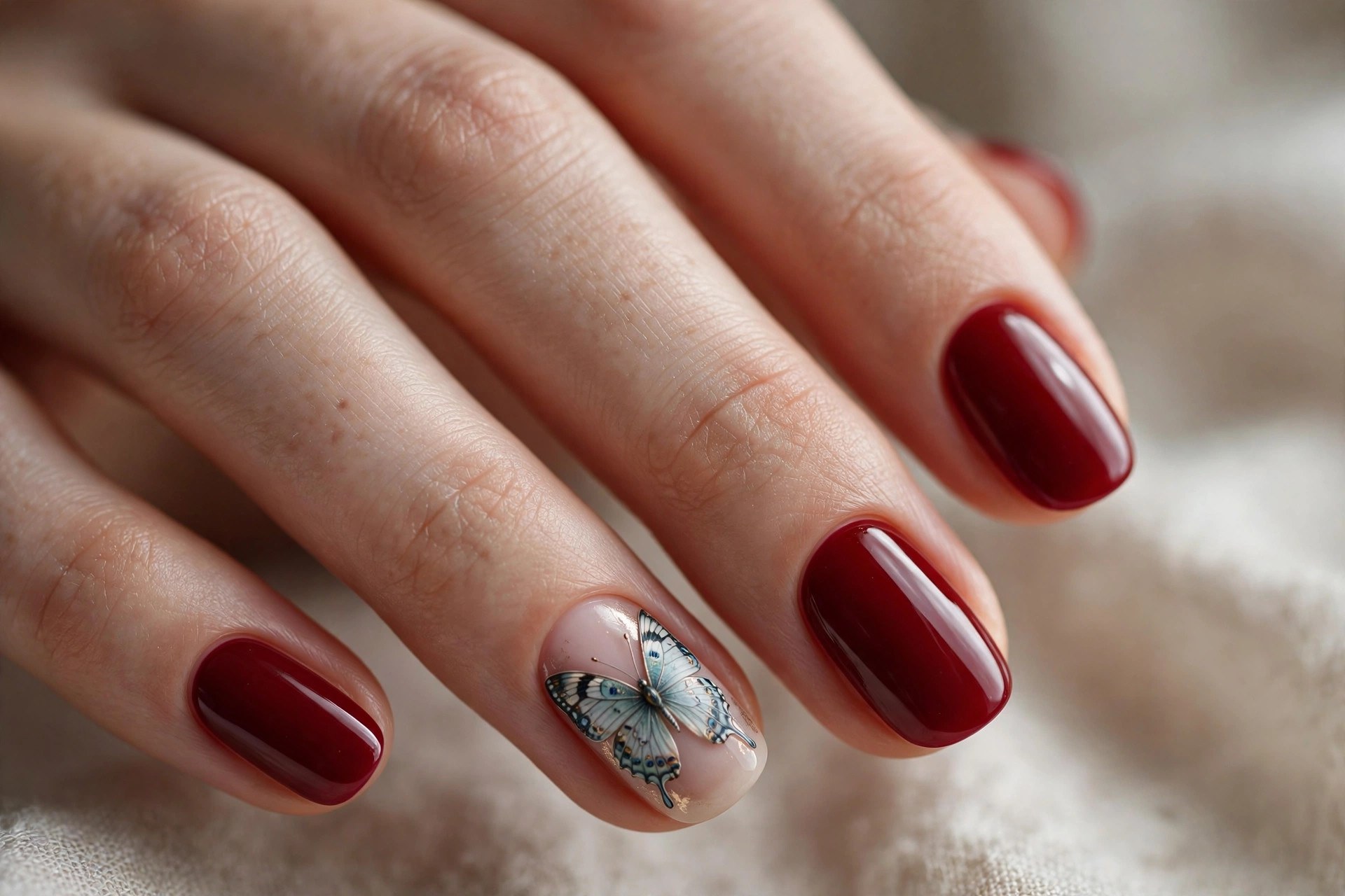 Solid deep red nails with one butterfly statement nail