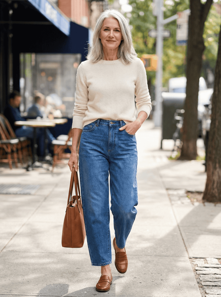 Woman over 50 in cream cable knit sweater with jeans and brown loafers
