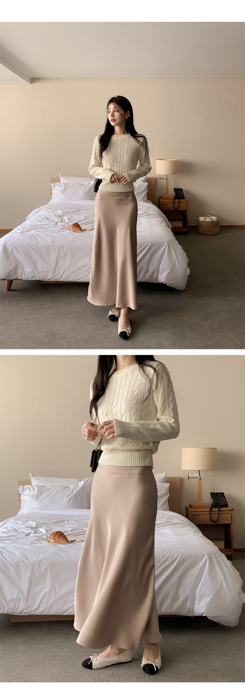 Cream cable knit sweater with champagne satin midi skirt and ballet flats