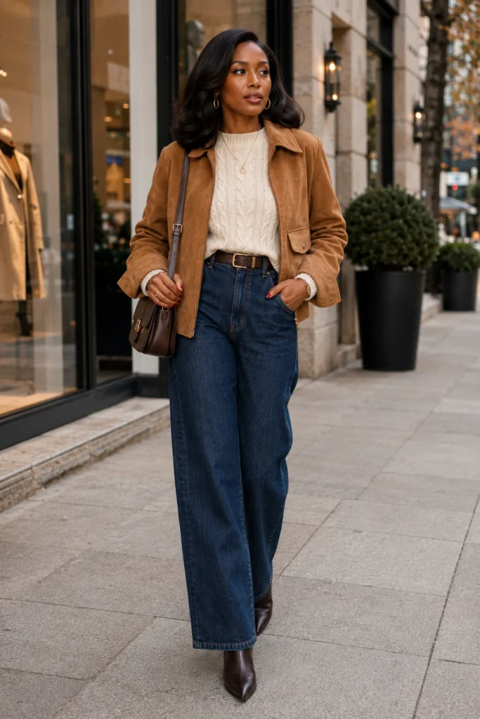 Camel suede jacket over cream cable knit sweater with dark jeans