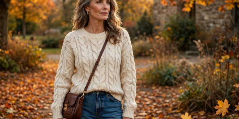 Woman over 50 wearing a cream cable knit sweater with jeans fall outfit