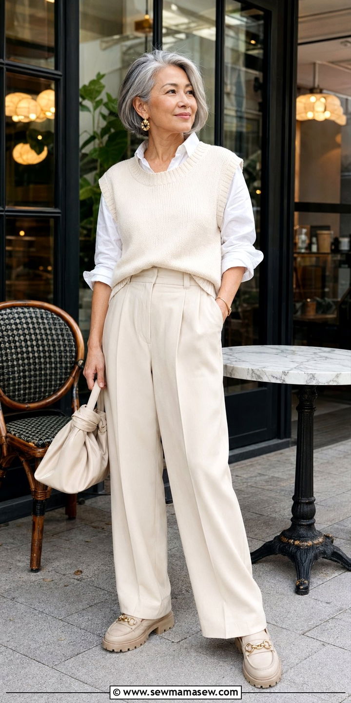Cream cable-knit sweater vest over a white shirt with wide-leg trousers and loafers