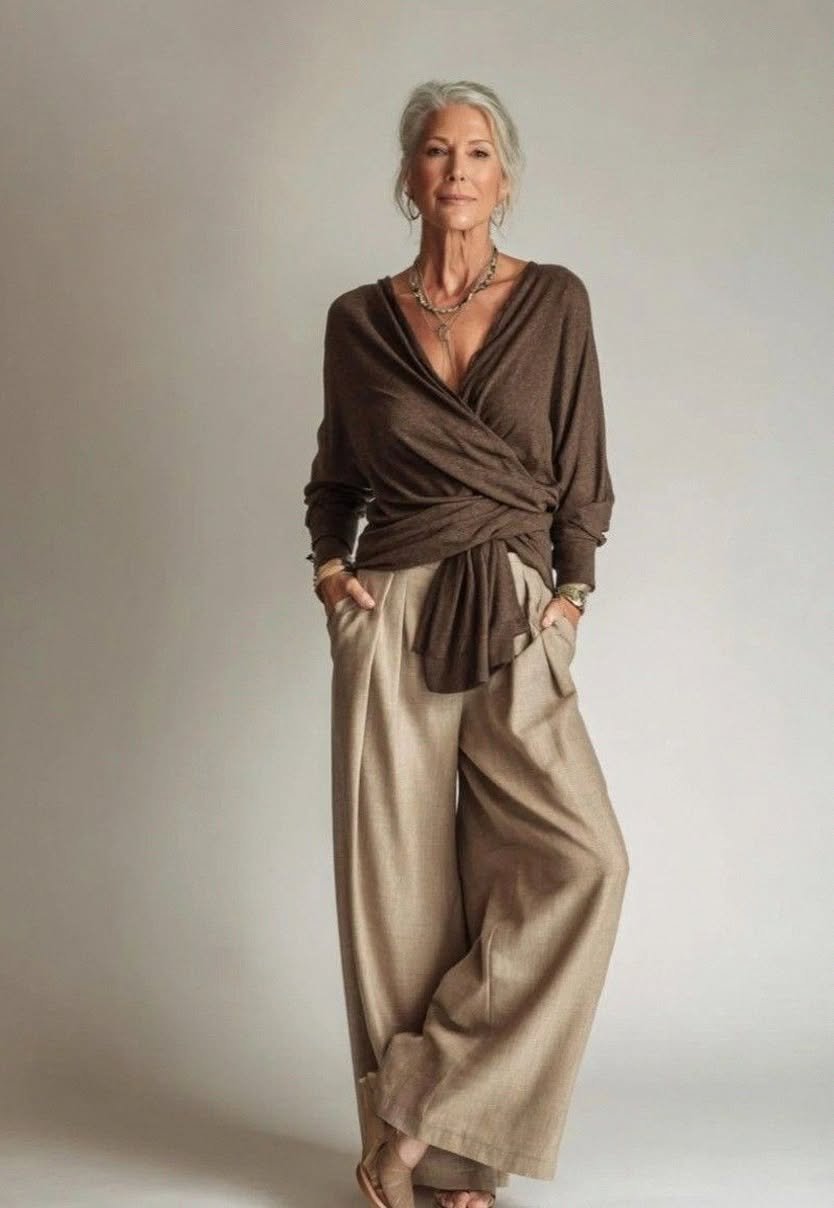 Cardigan over silk cami with wide trousers — polished outfit for women over 50