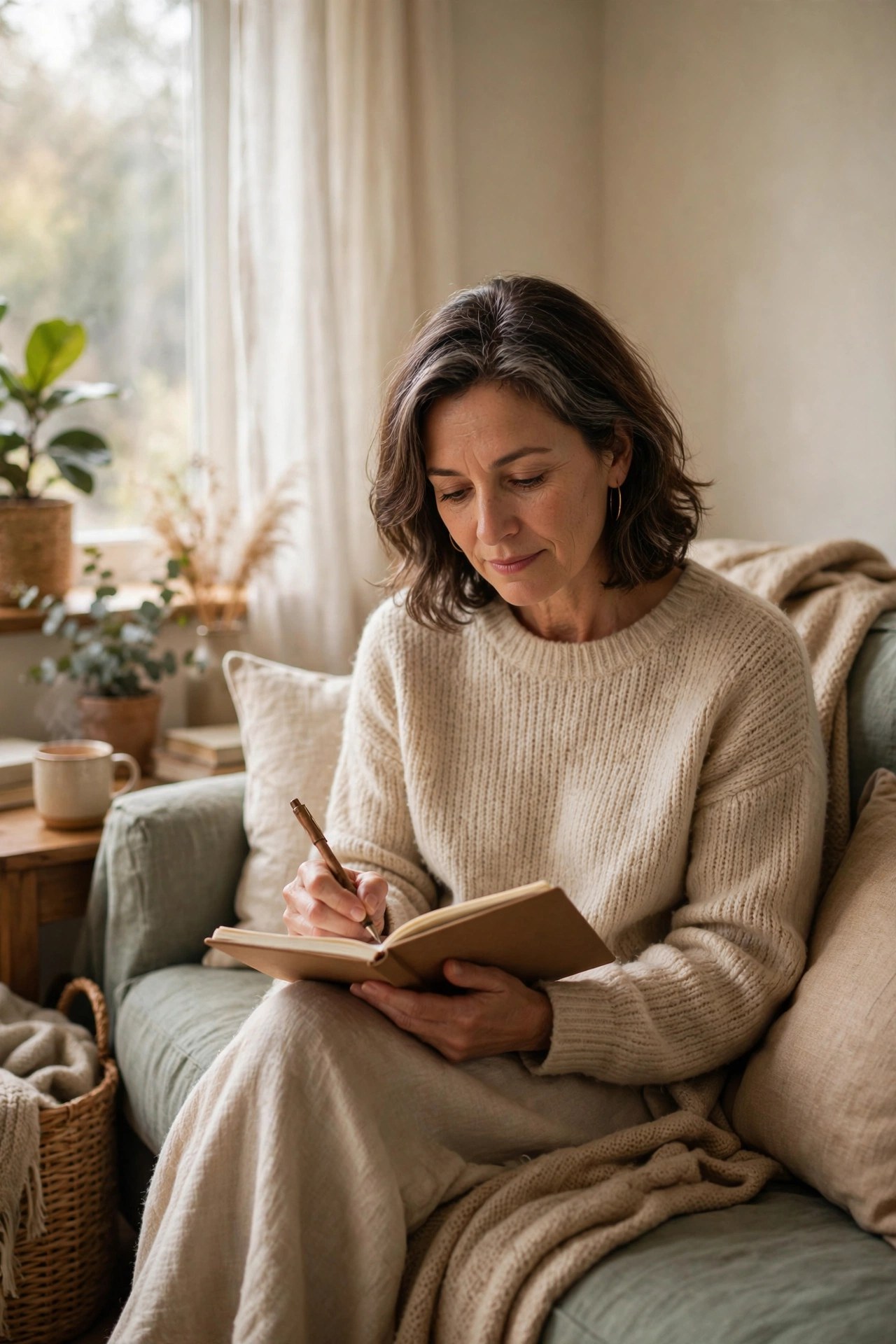 Woman in her 50s journaling peacefully on a couch, naming her caregiving feelings
