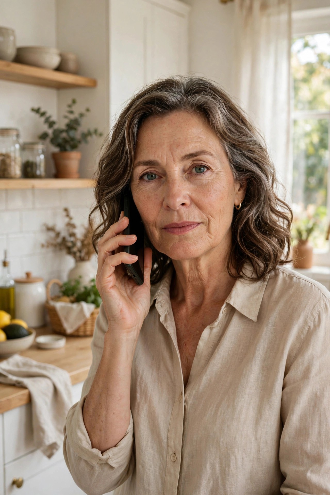 Woman in her 50s in her kitchen setting a loving boundary on a phone call