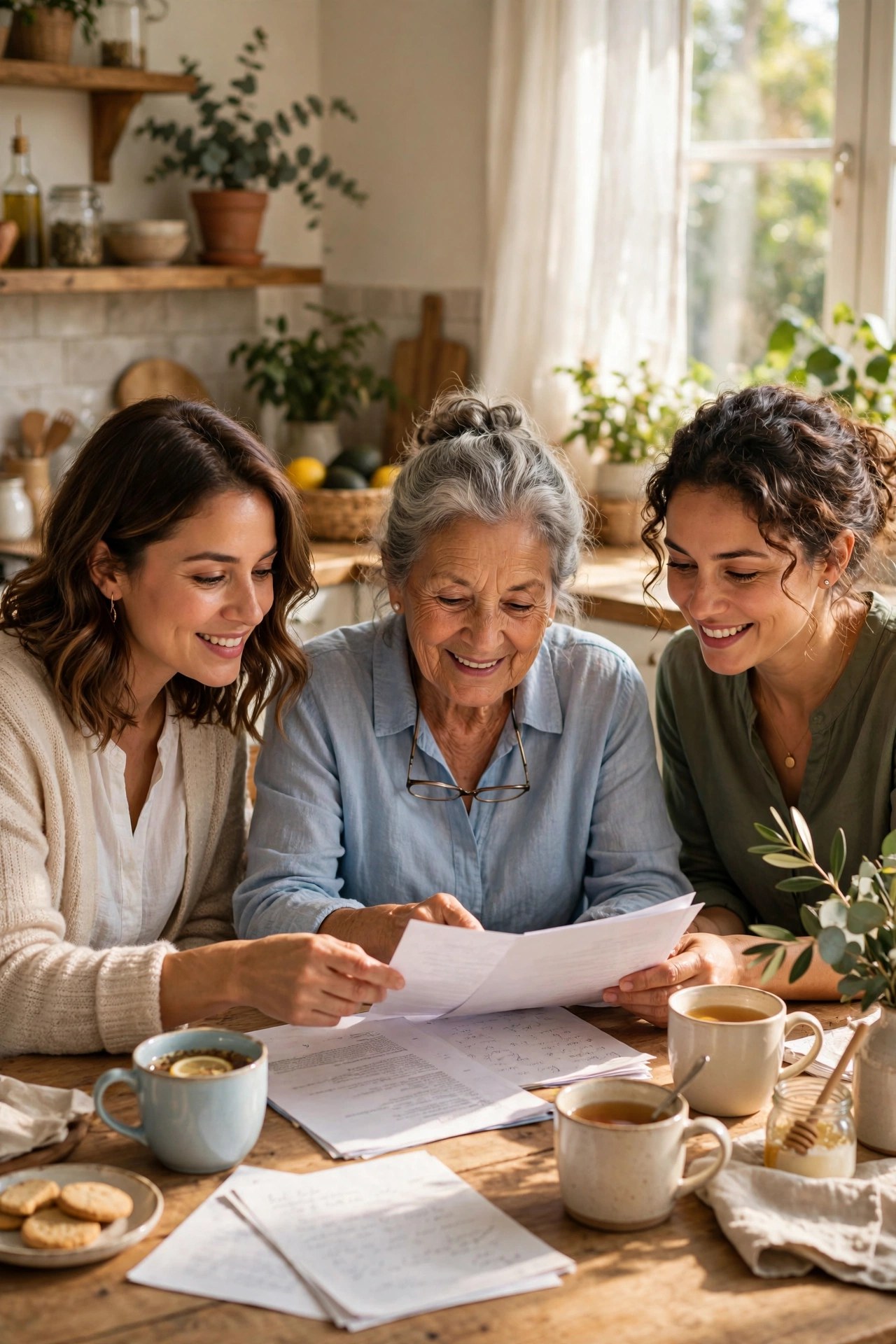 Adult sisters and their elderly mother sharing tea around a sunny kitchen table