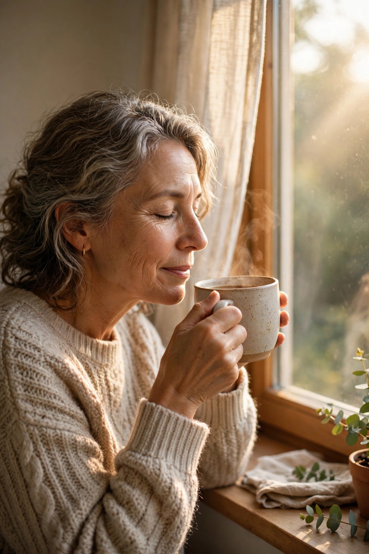 Woman in her 50s enjoying a quiet morning coffee ritual by a sunlit window