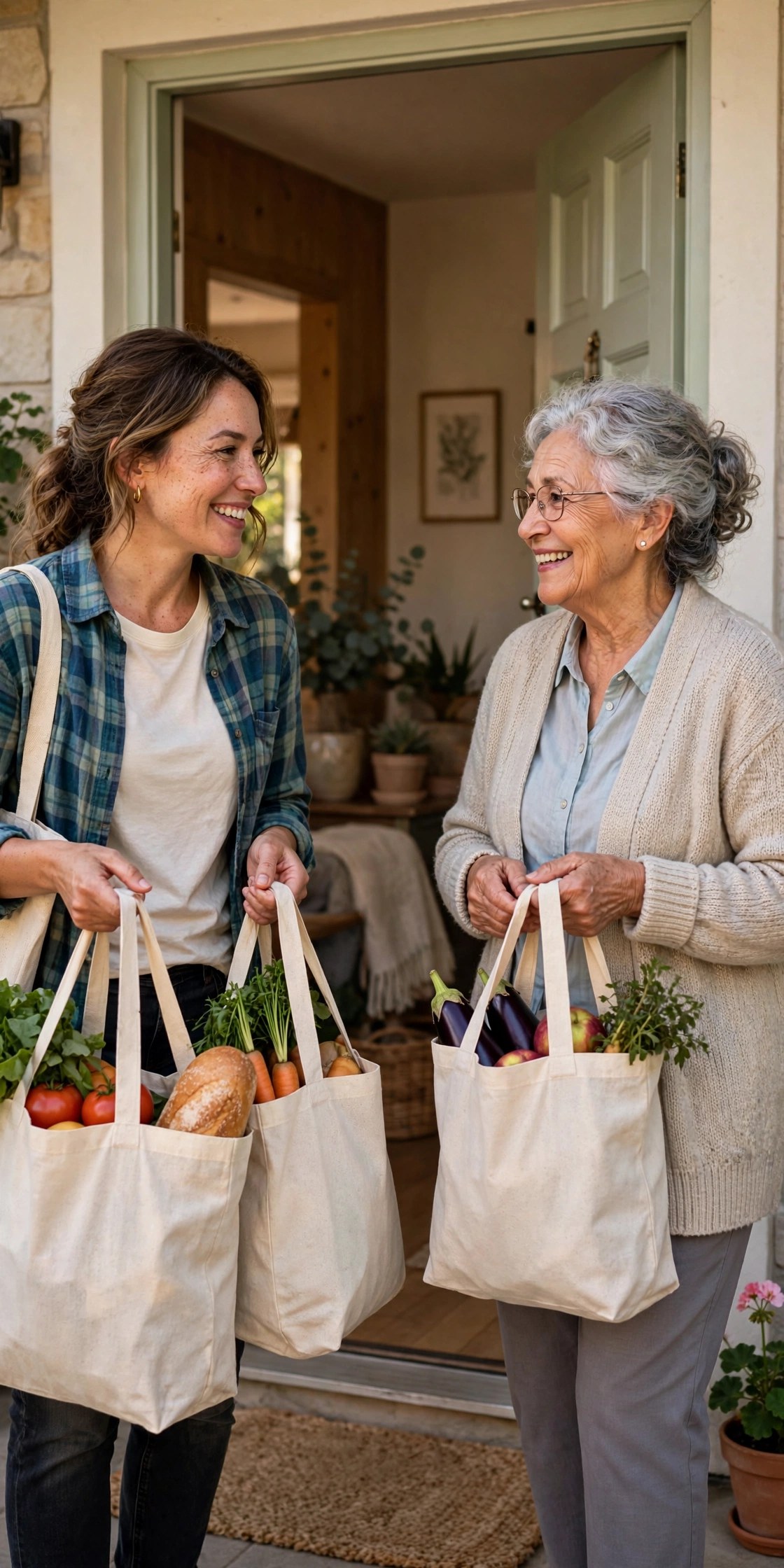 Neighbor helping an elderly woman with groceries at her bright front door