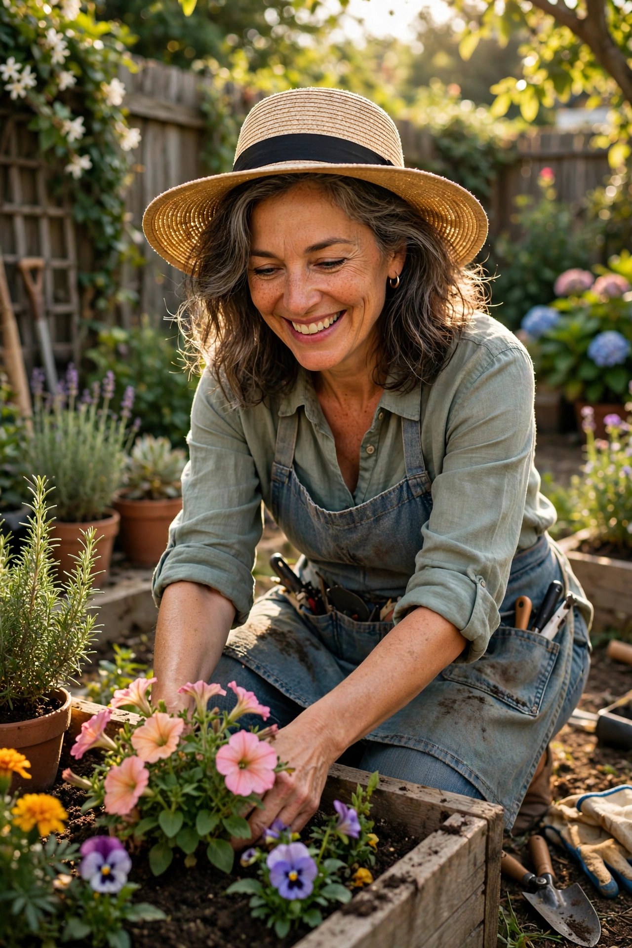 Joyful woman in her 50s gardening flowers in her own sunny backyard