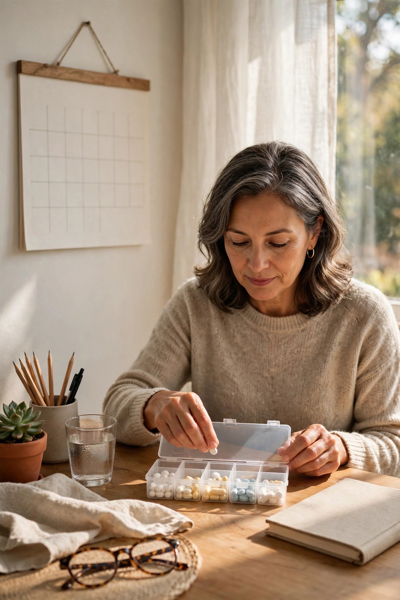 Woman in her 50s organizing a pill box and wall calendar at a sunny desk