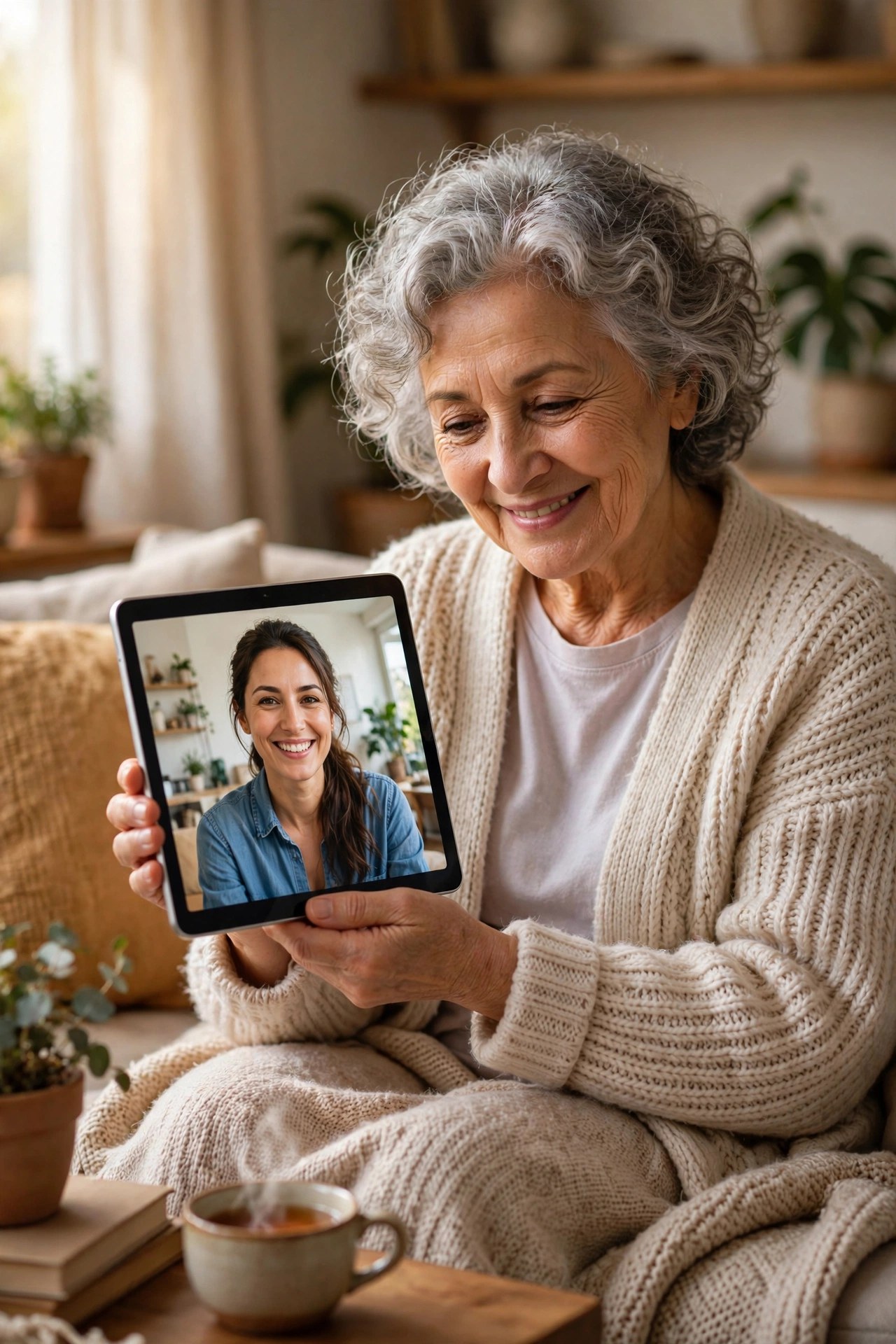 Elderly woman at home on a video call with her smiling daughter on a tablet