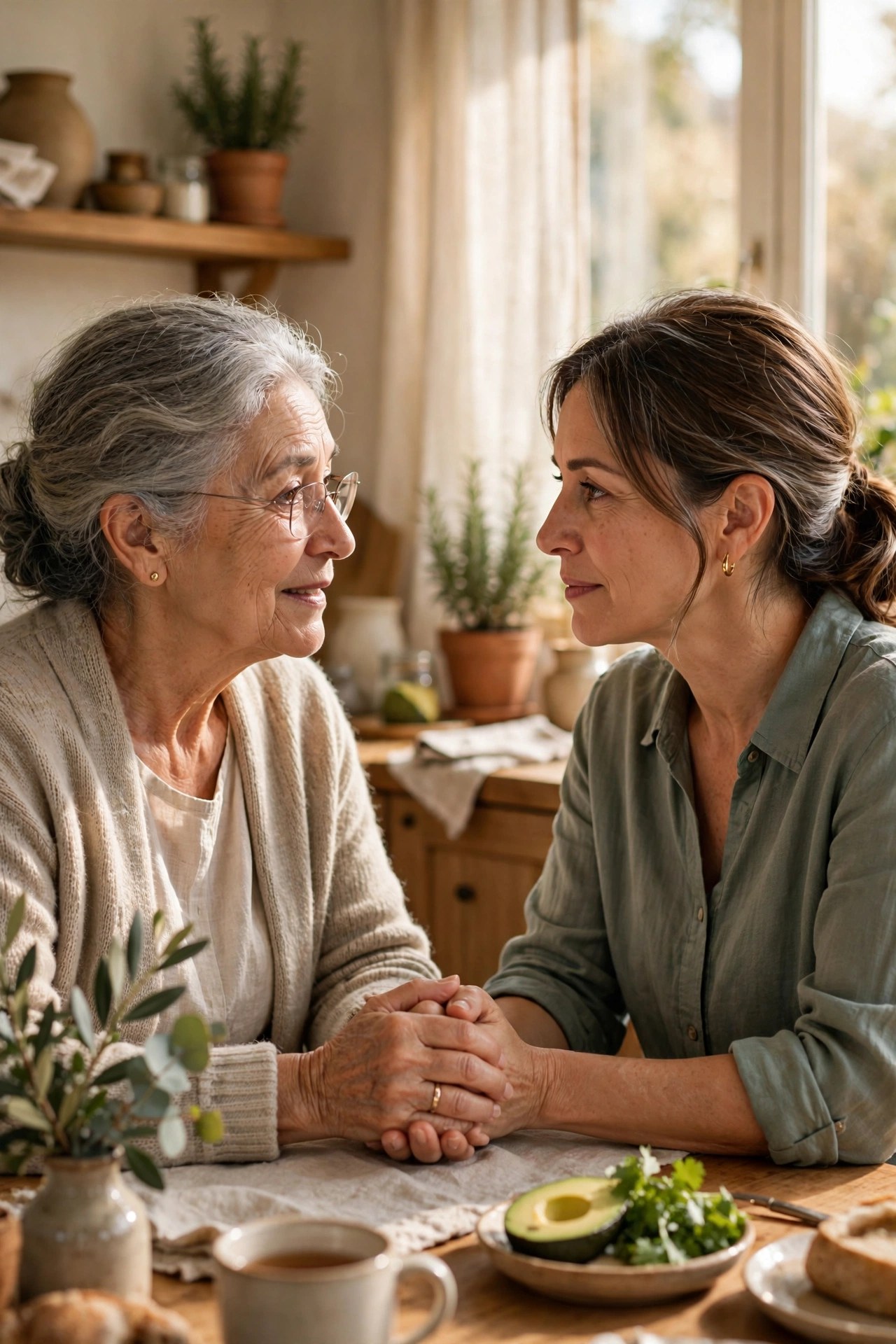 Daughter and elderly mother holding hands in a tender conversation at the table