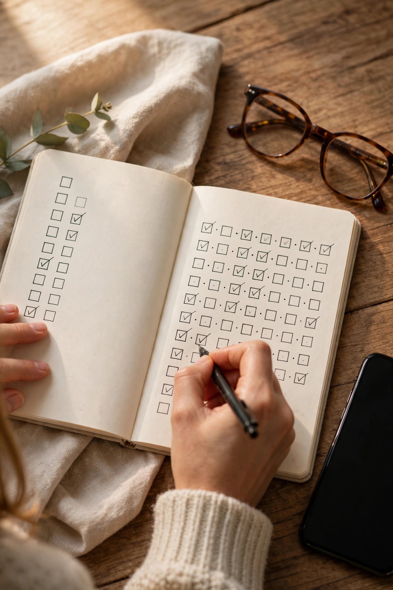 Hands writing in a care notebook beside reading glasses and a phone
