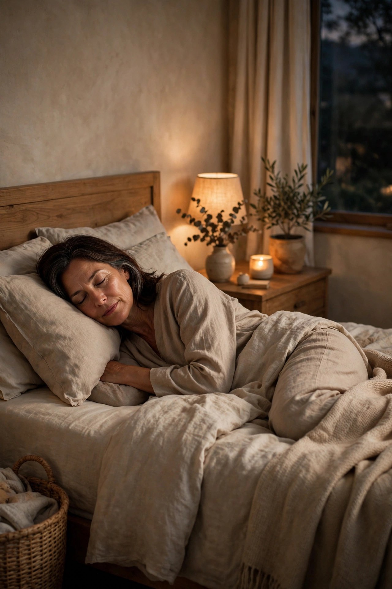 Woman in her 50s sleeping peacefully in a calm cozy bedroom