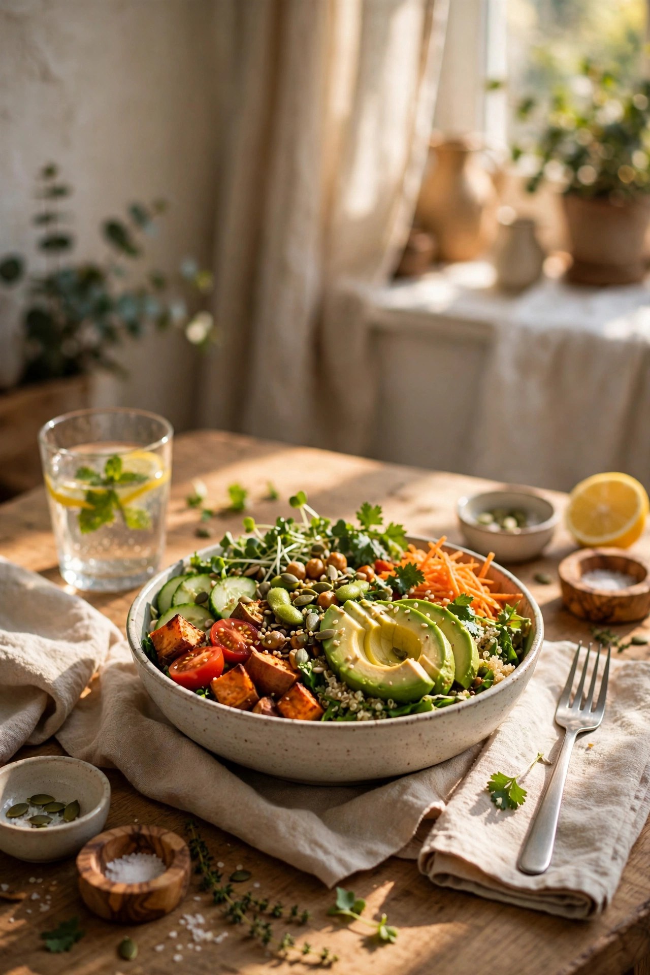 Colorful healthy lunch bowl on a sunny kitchen table set for one
