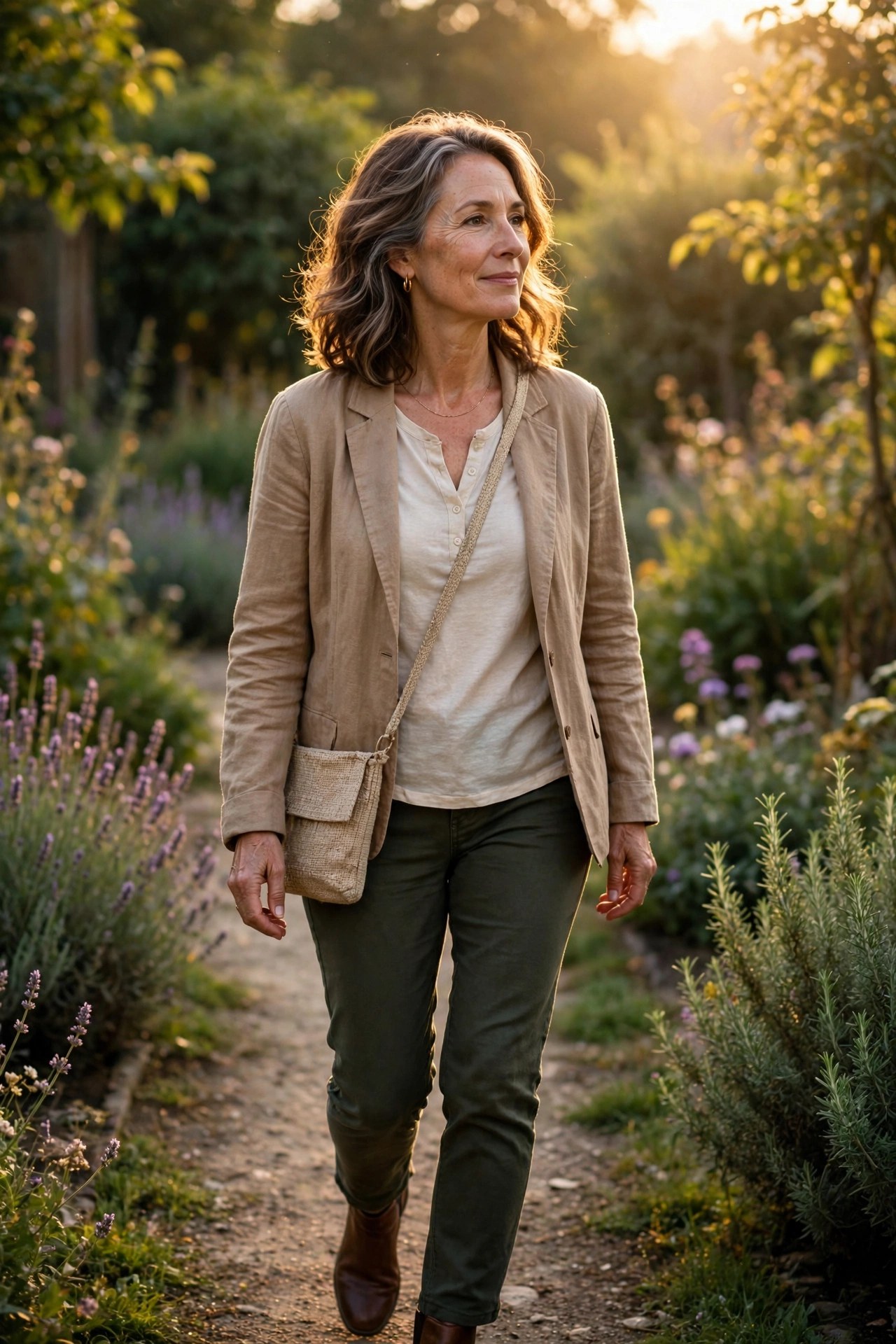 Woman in her 50s walking gently on a garden path in golden morning light
