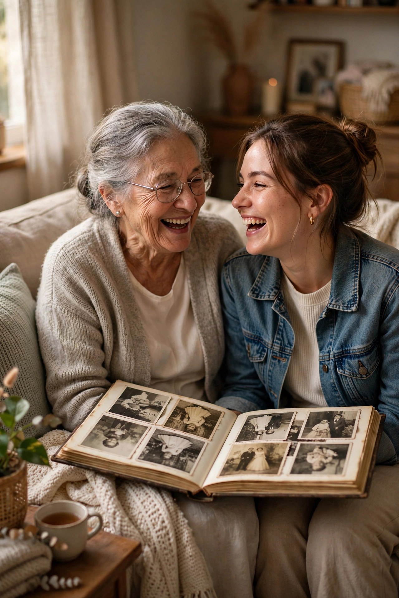 Daughter and elderly mother laughing together over old family photo albums