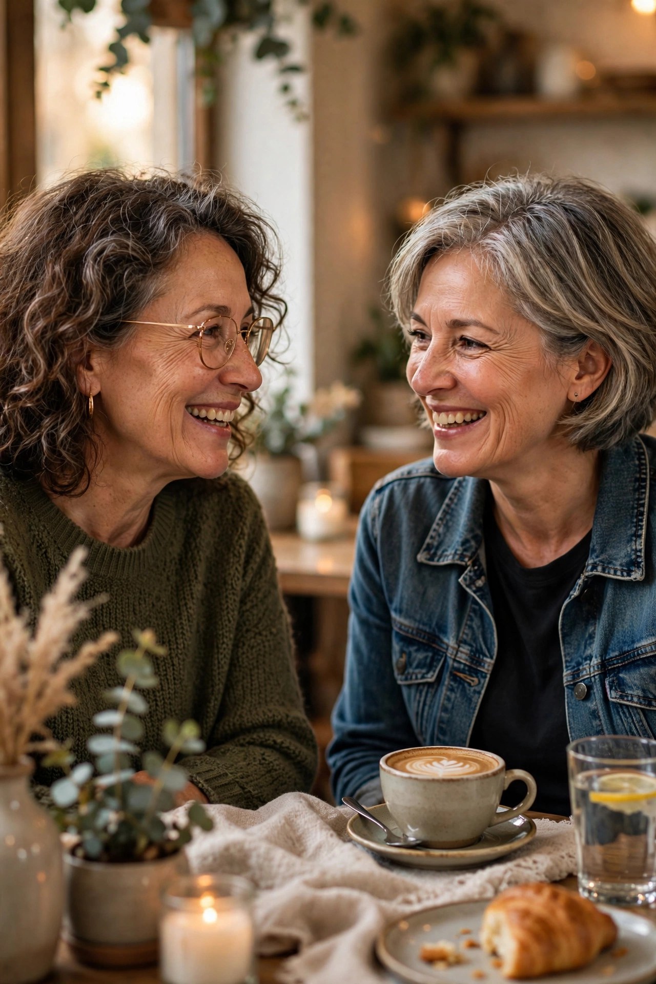 Two friends in their 50s chatting warmly over coffee in a cozy cafe