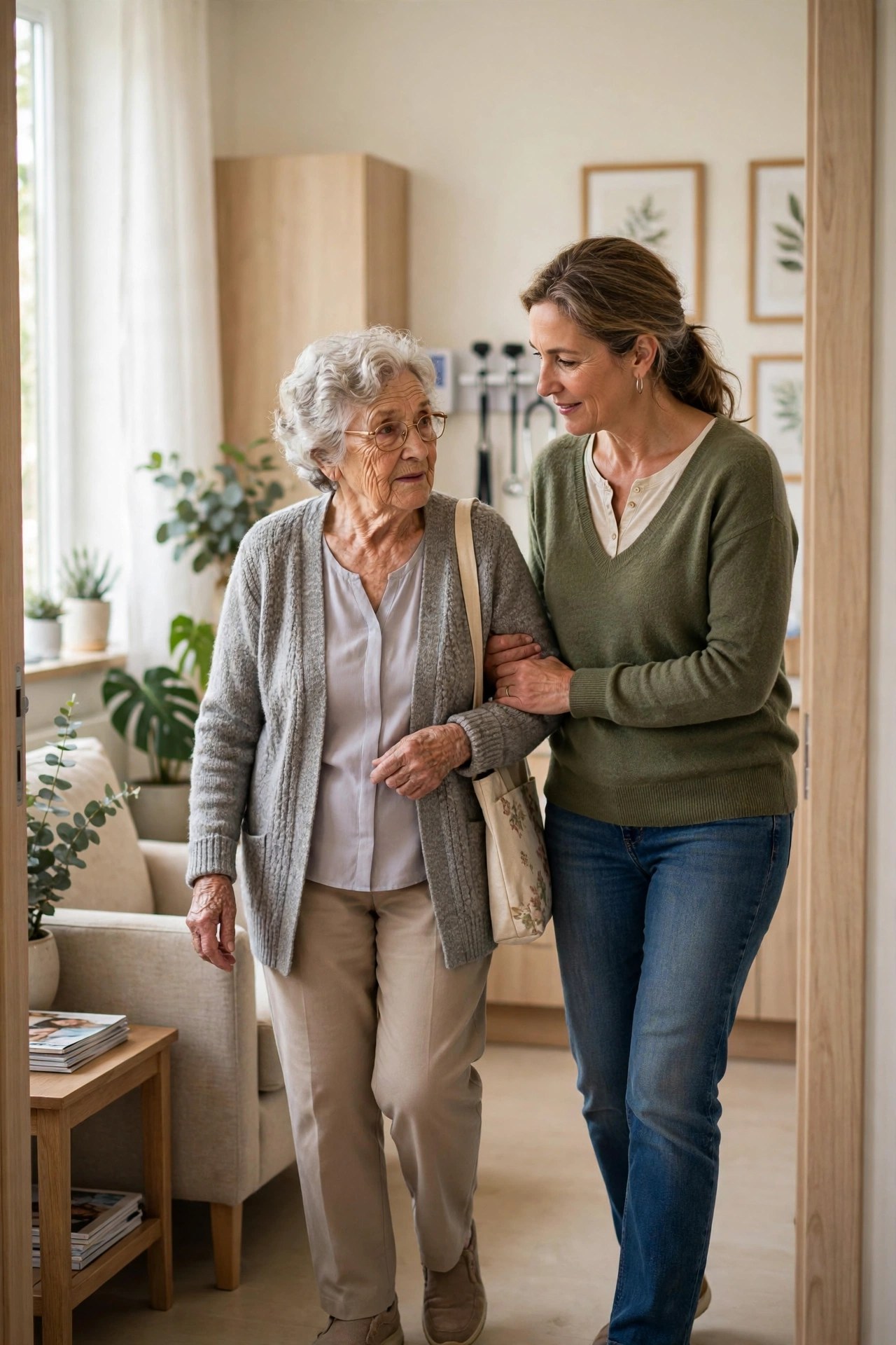 Daughter accompanying her elderly mother in a warm bright doctor's office