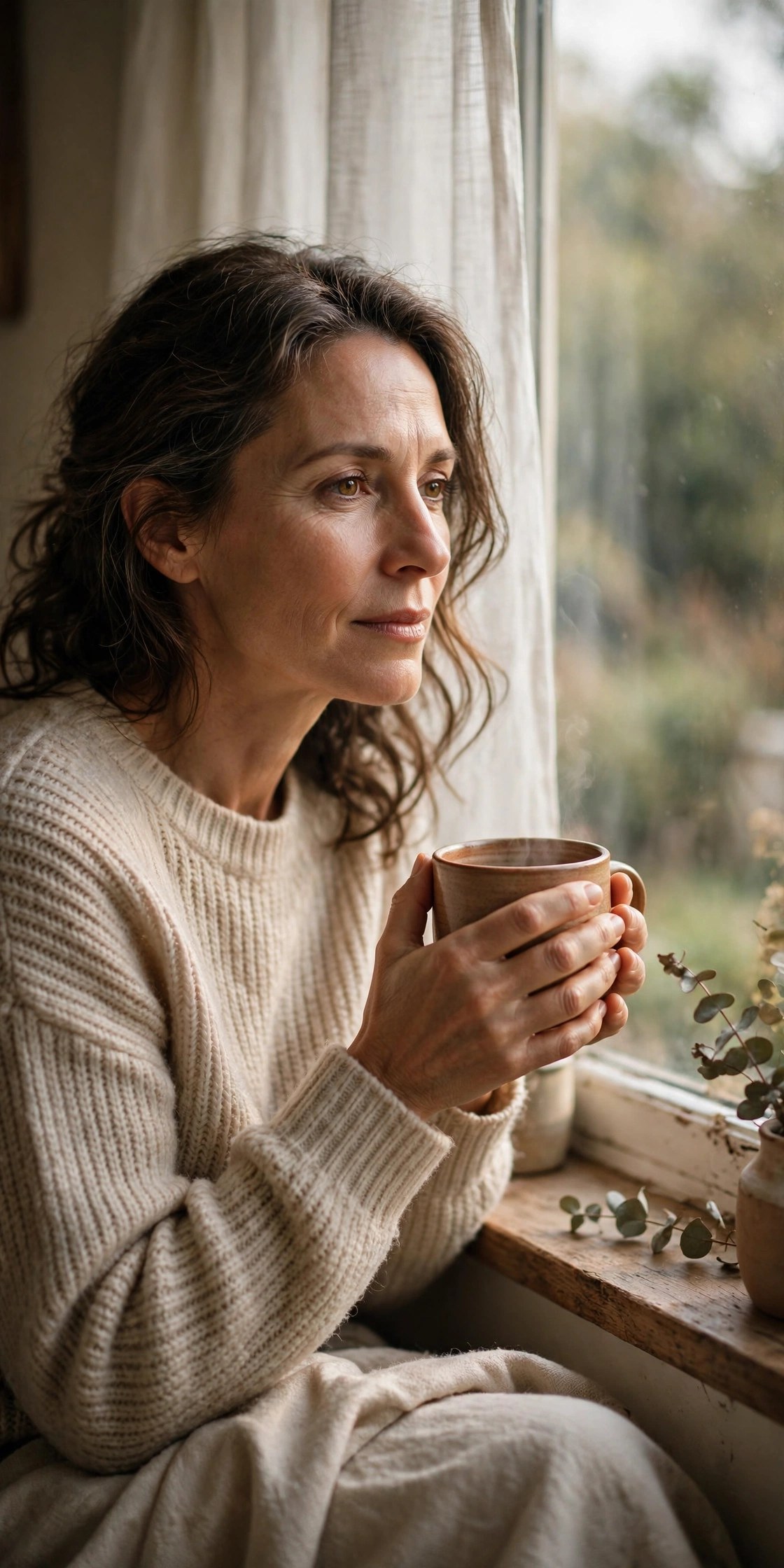 Woman in her 50s wrapped around a warm mug, reflecting quietly by a window