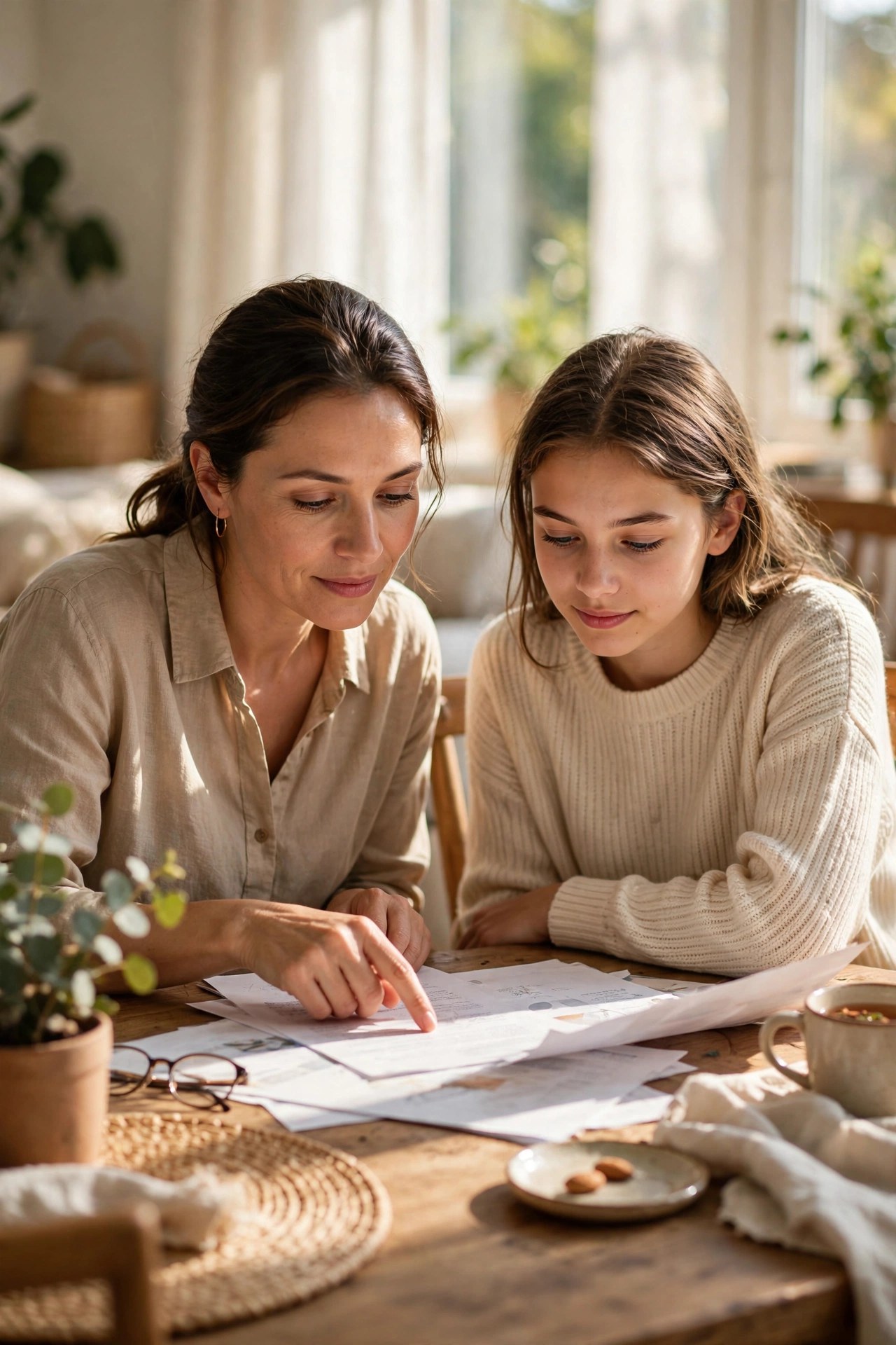 Daughter and mother reviewing documents together at a sunny dining table