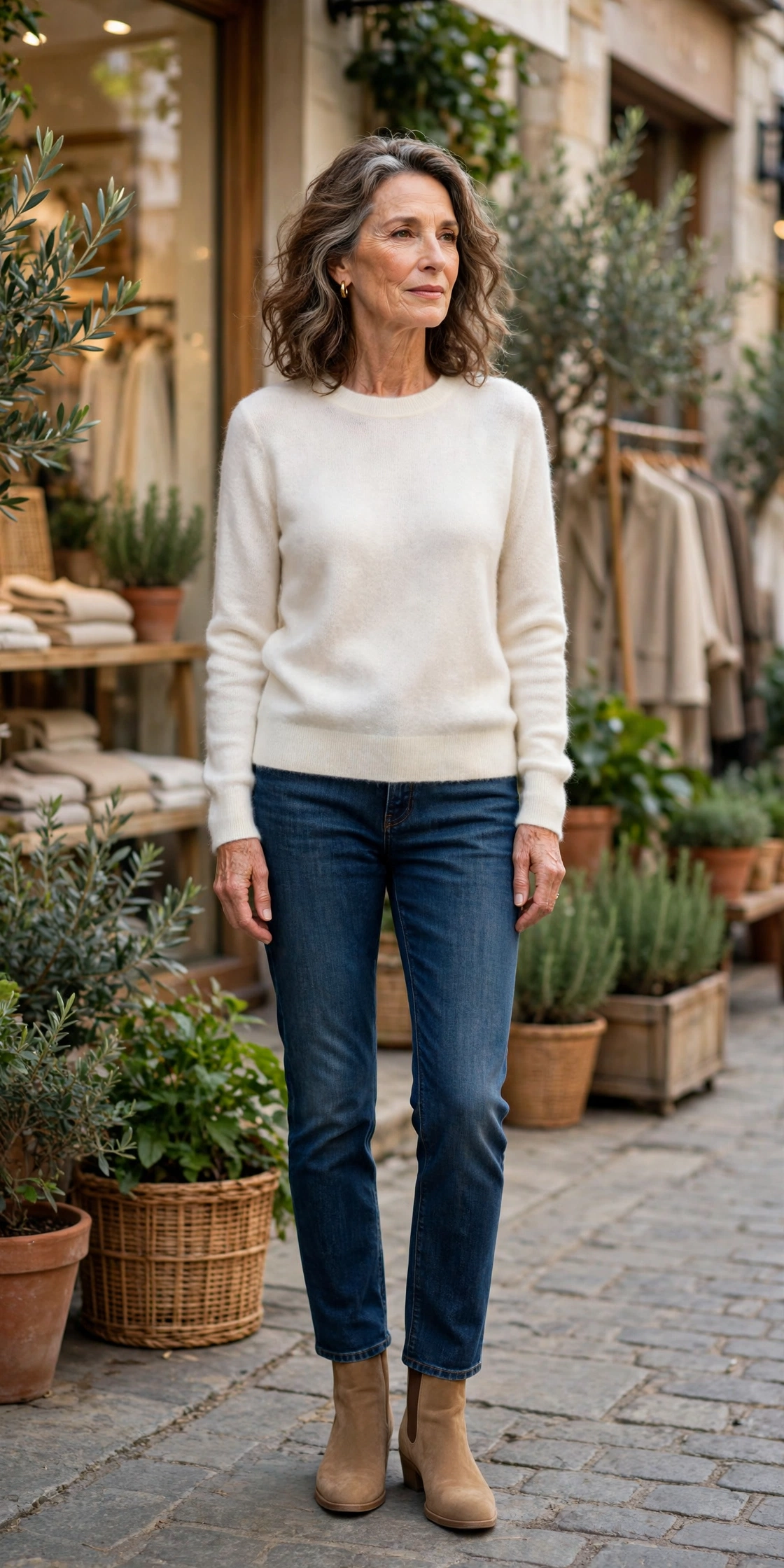 Woman over 50 wearing an ivory cashmere crewneck sweater with dark jeans