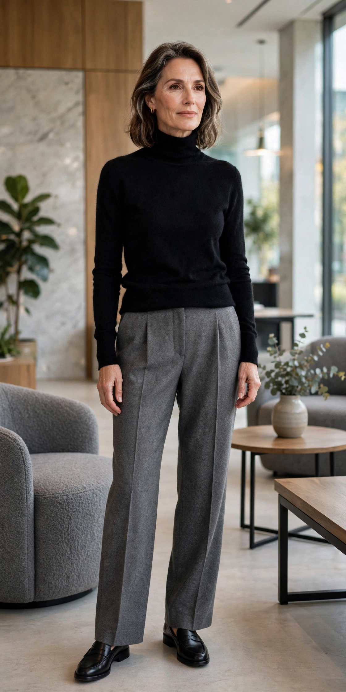 Woman over 50 in a black cashmere turtleneck sweater with gray wool trousers