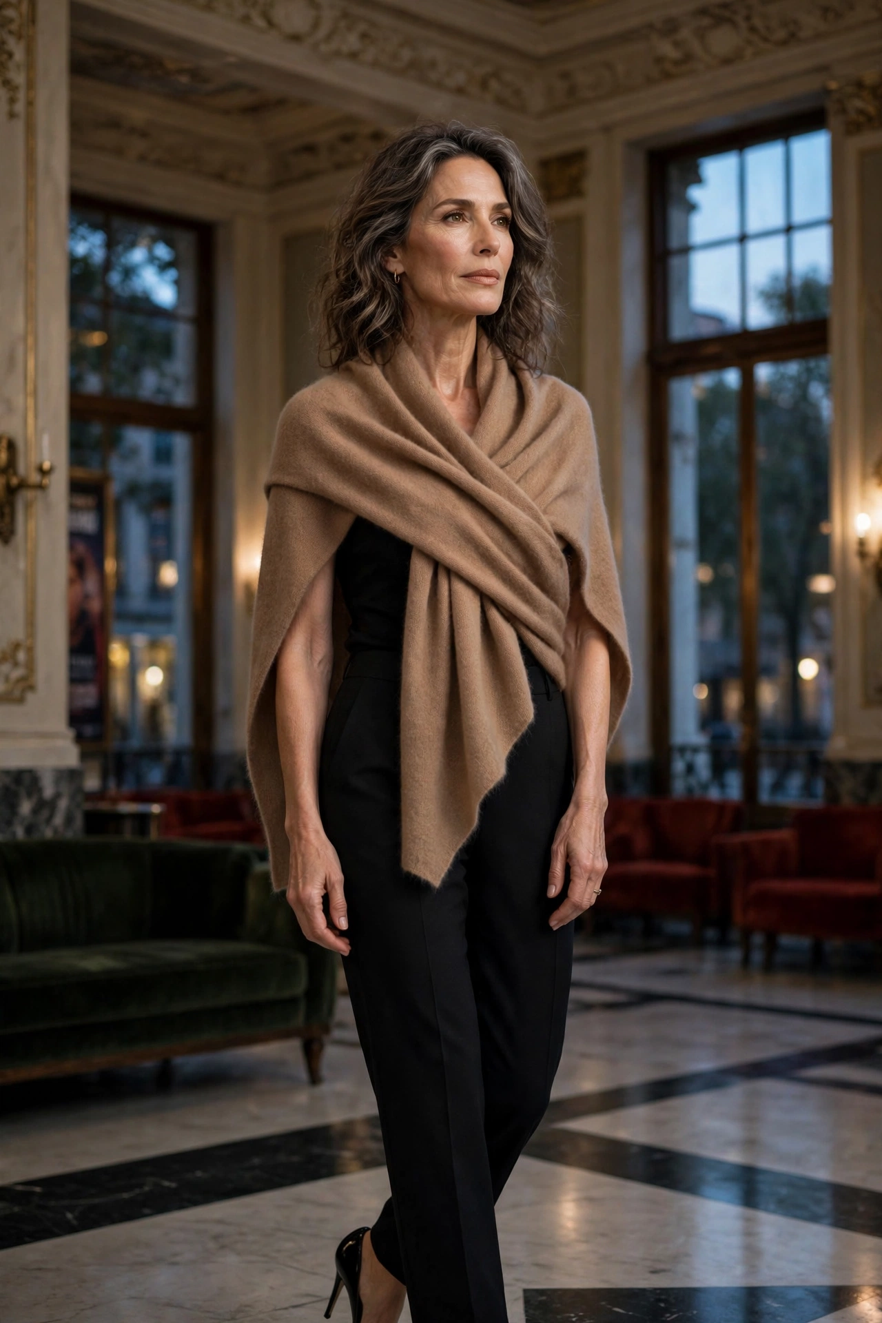 Woman over 50 wearing a camel cashmere wrap over a black outfit