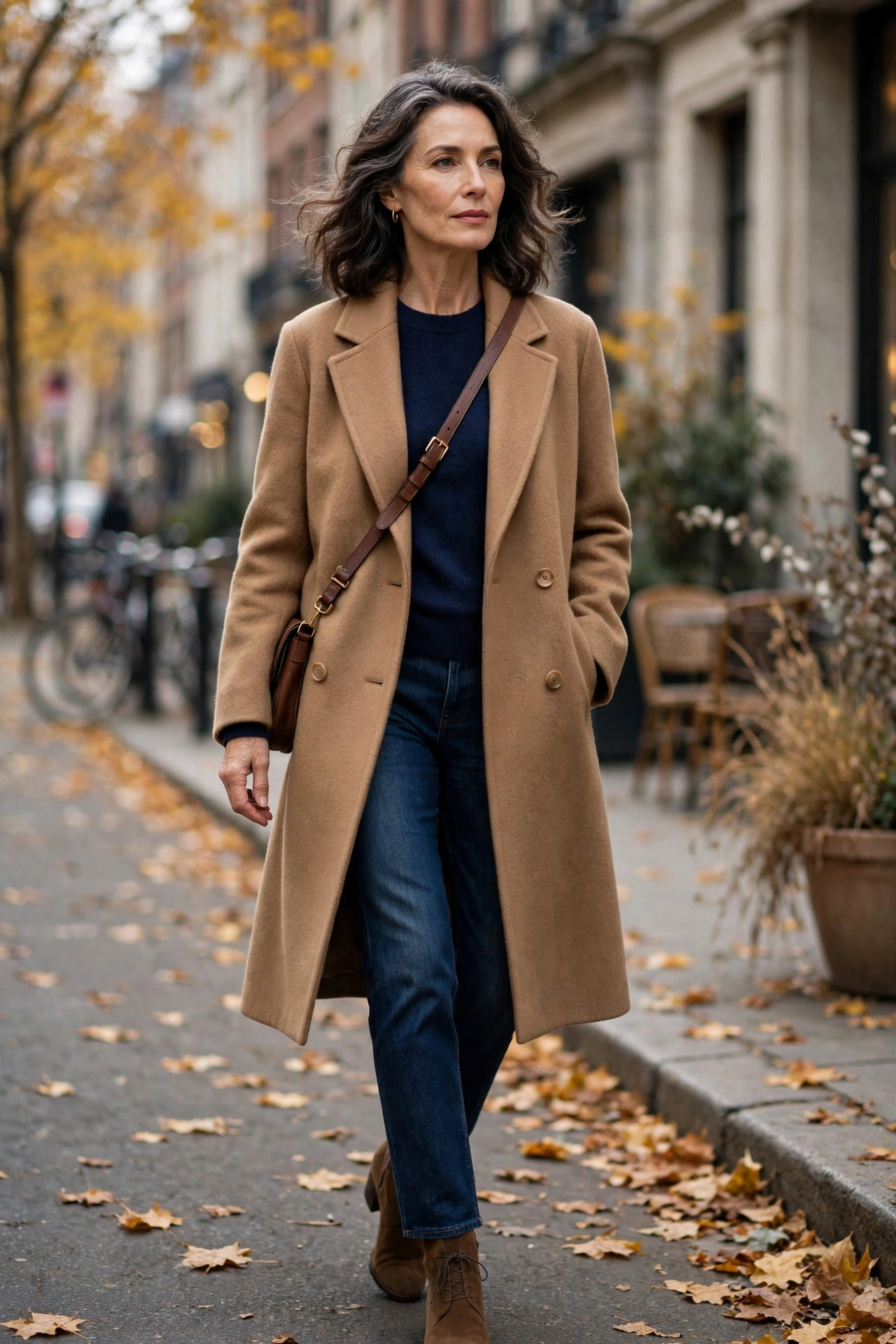 Woman over 50 wearing a navy cashmere sweater under a camel wool coat