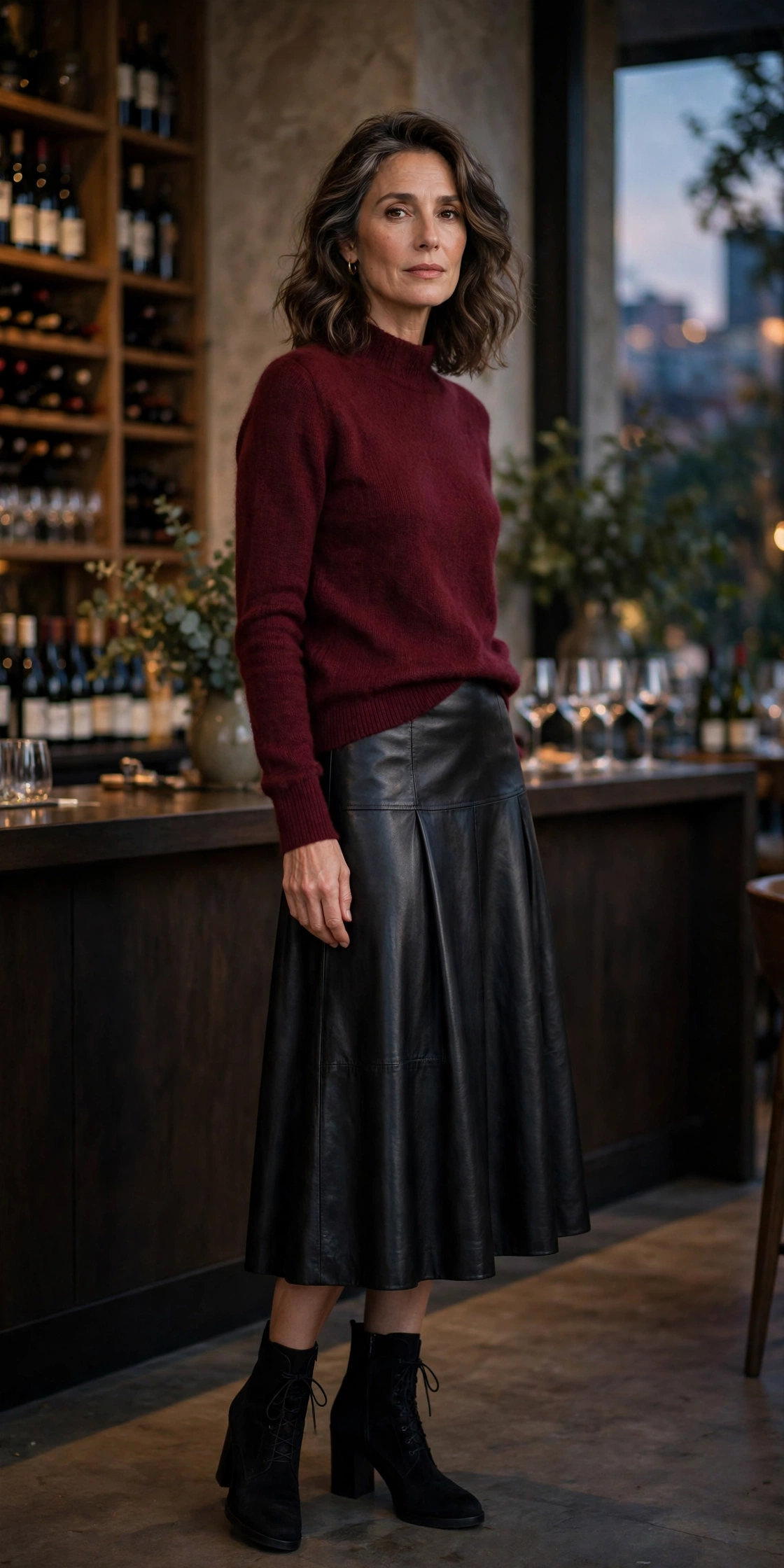 Woman over 50 in a burgundy cashmere sweater with a black faux-leather skirt