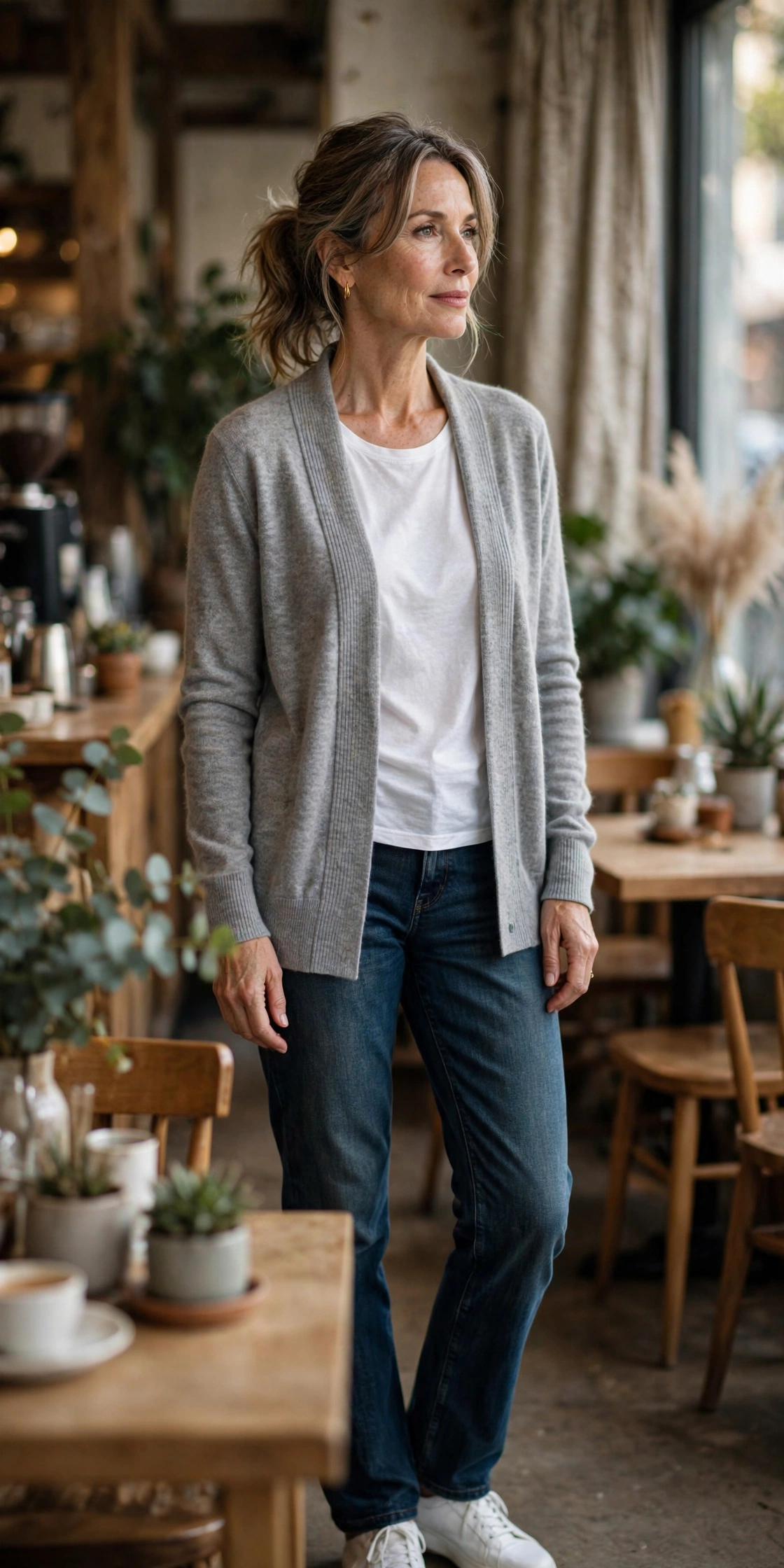 Woman over 50 wearing a gray cashmere cardigan over a white tee with jeans
