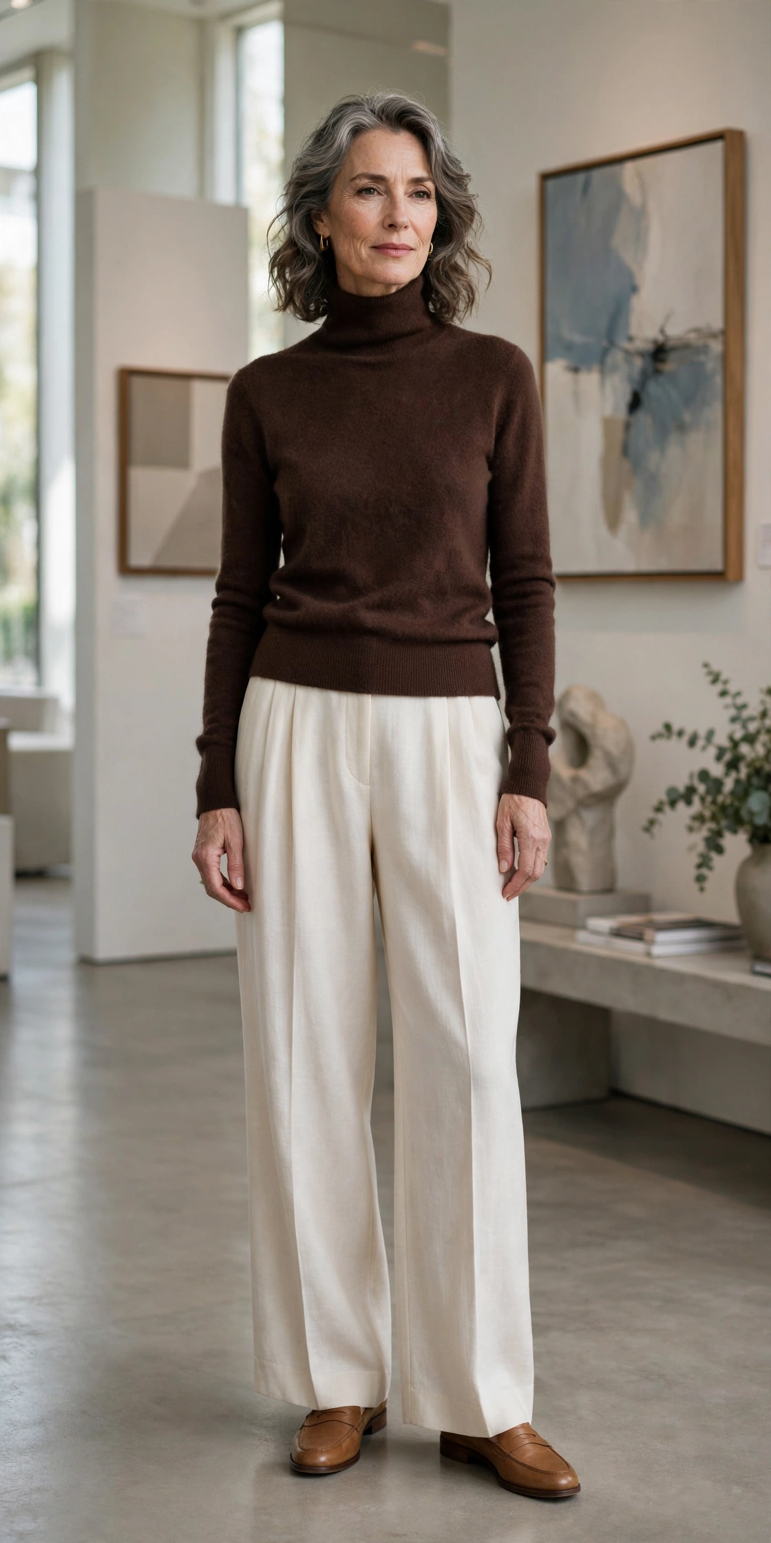Woman over 50 in a chocolate cashmere turtleneck with cream wide-leg trousers