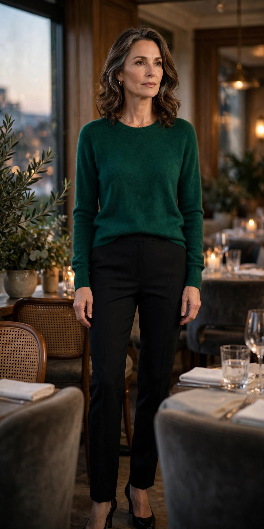 Woman over 50 wearing an emerald cashmere crewneck with black trousers