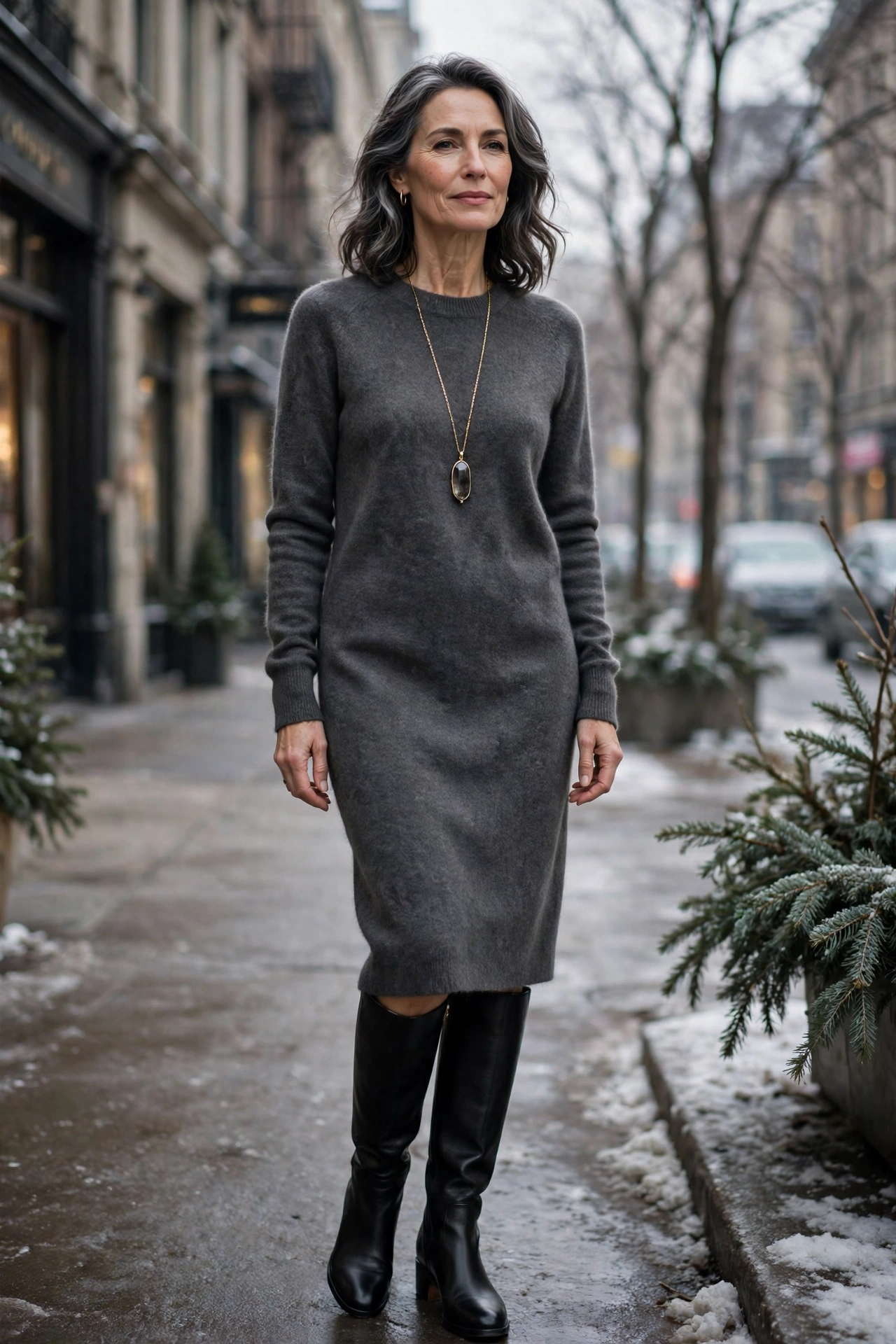 Woman over 50 in a charcoal cashmere sweater dress with knee-high boots