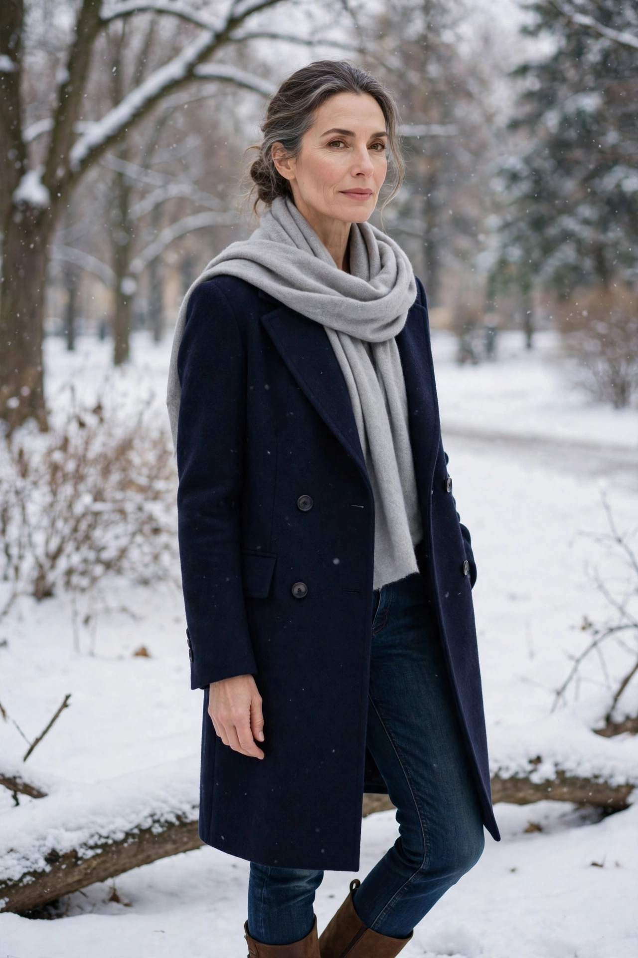 Woman over 50 wearing a gray cashmere scarf over a navy wool coat