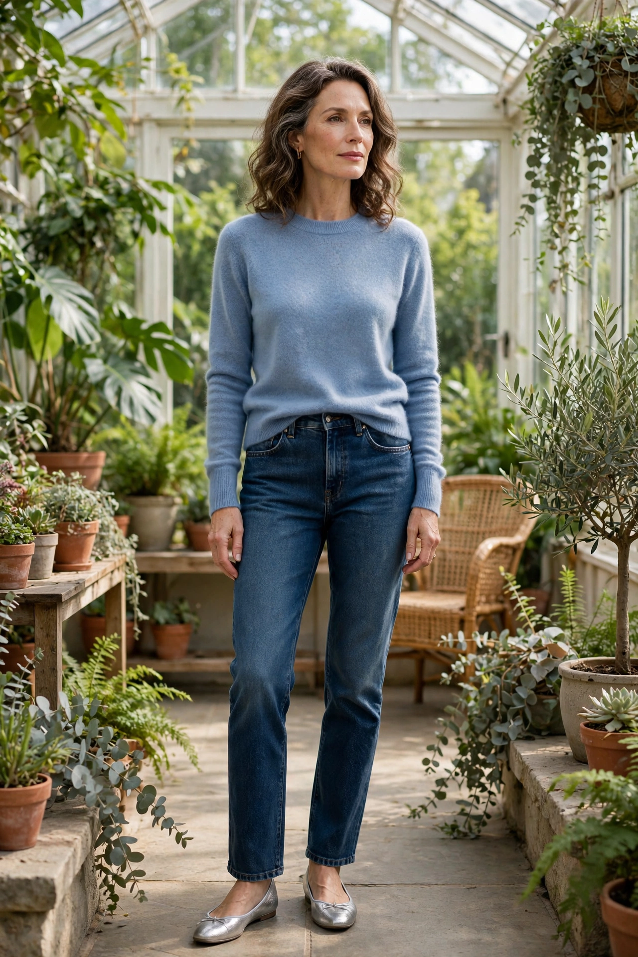 Woman over 50 in a powder blue cashmere sweater with dark jeans