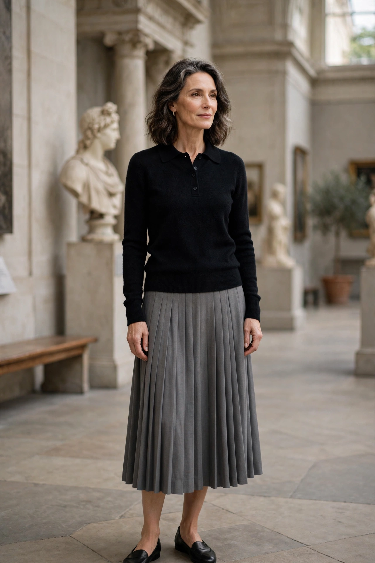 Woman over 50 wearing a black cashmere polo sweater with a gray pleated skirt
