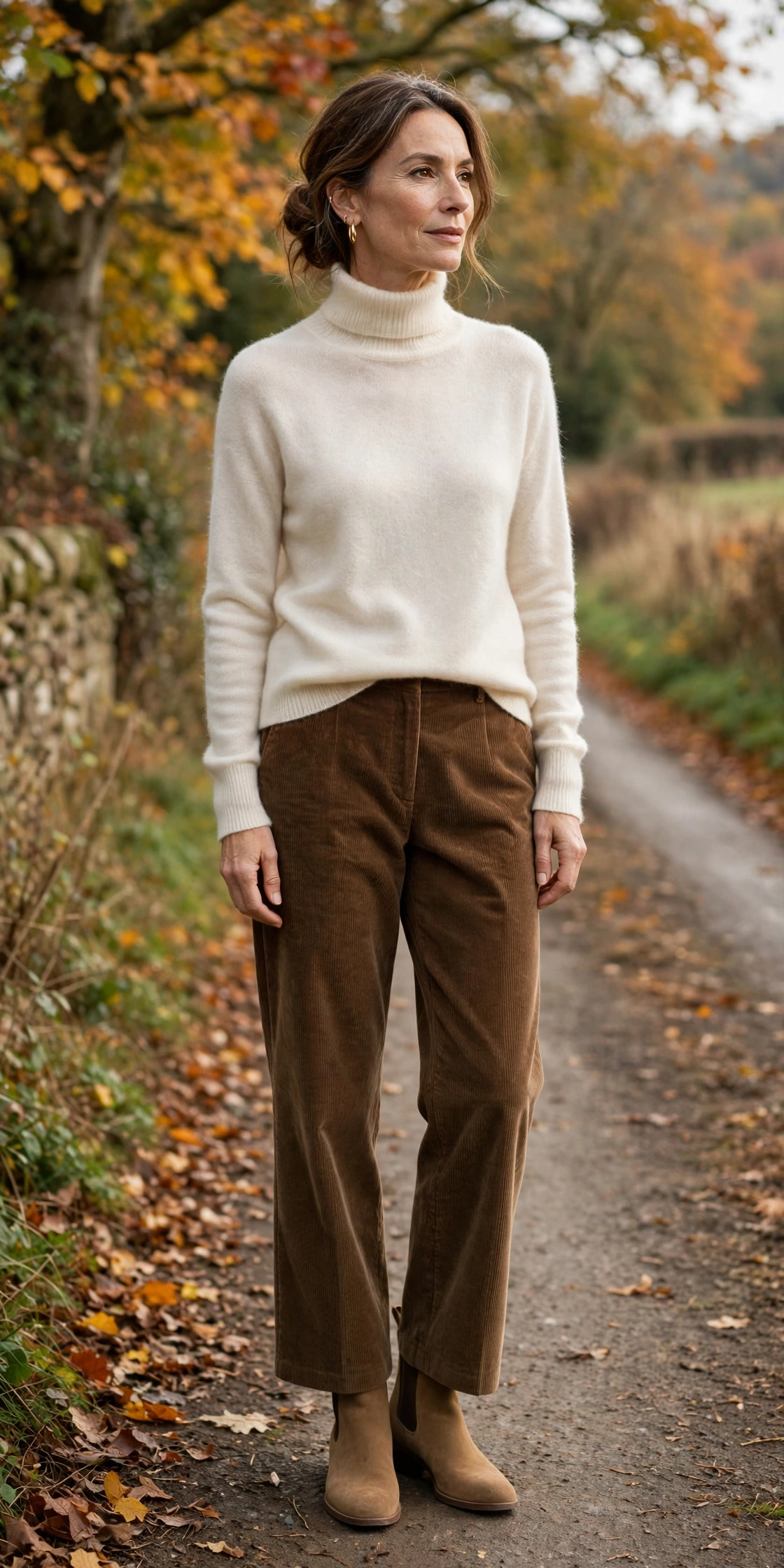 Woman over 50 in a cream cashmere turtleneck with brown corduroy trousers