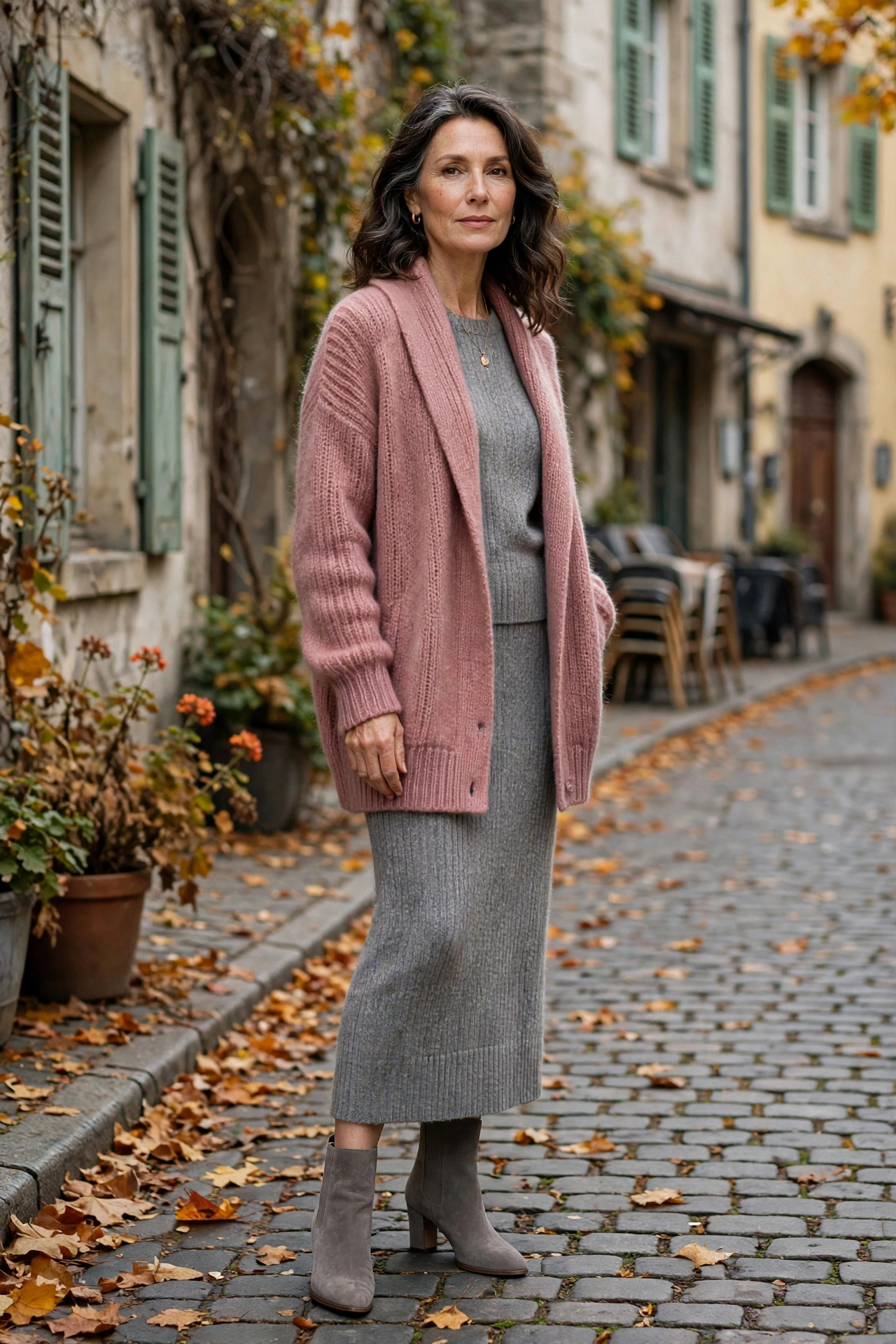 Woman over 50 wearing a rose cashmere cardigan over a gray knit dress