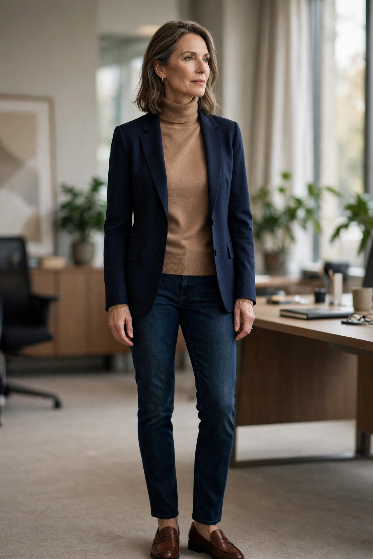 Woman over 50 in a camel cashmere turtleneck under a navy blazer