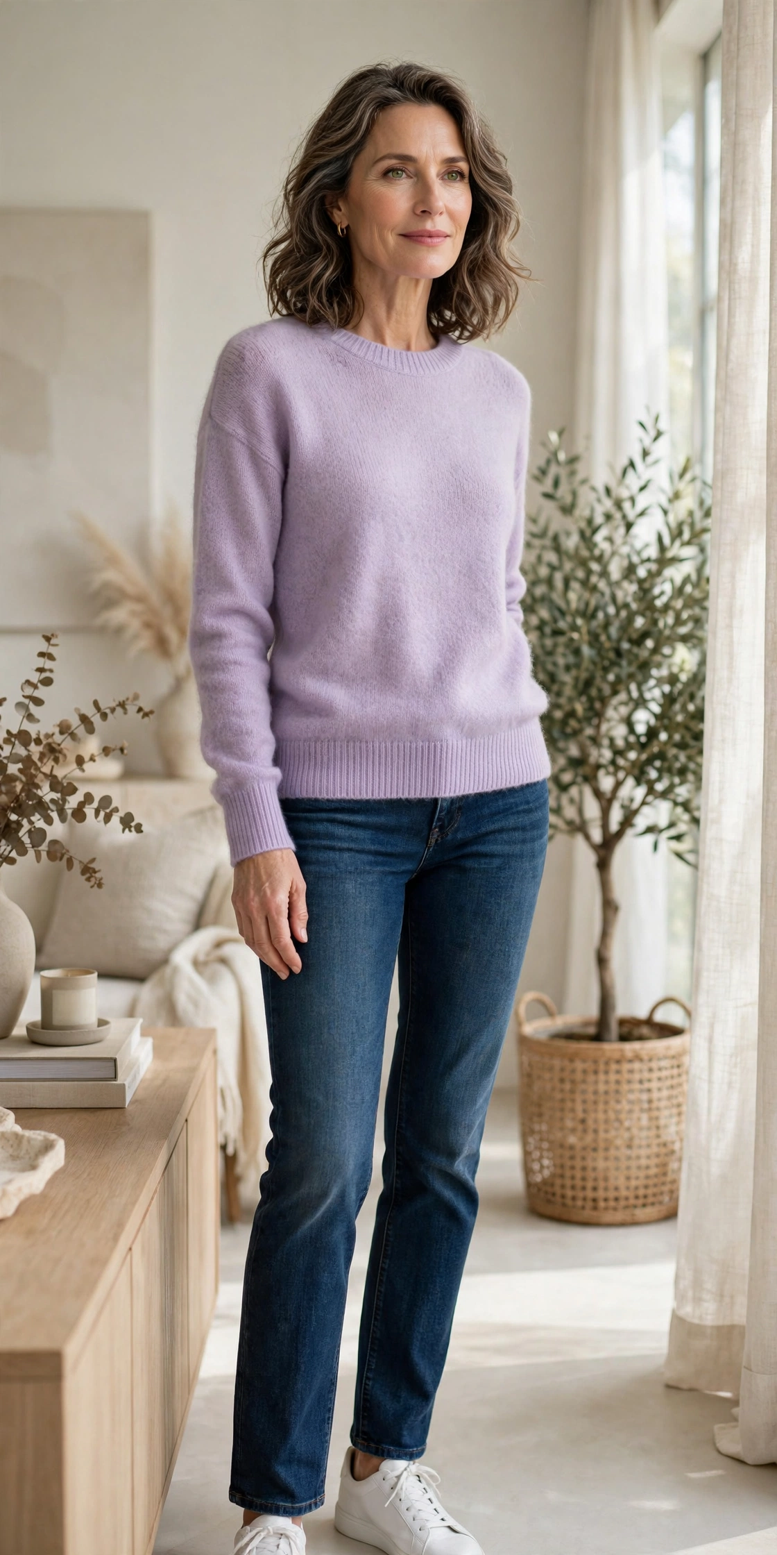 Woman over 50 wearing a lavender cashmere sweater with dark jeans