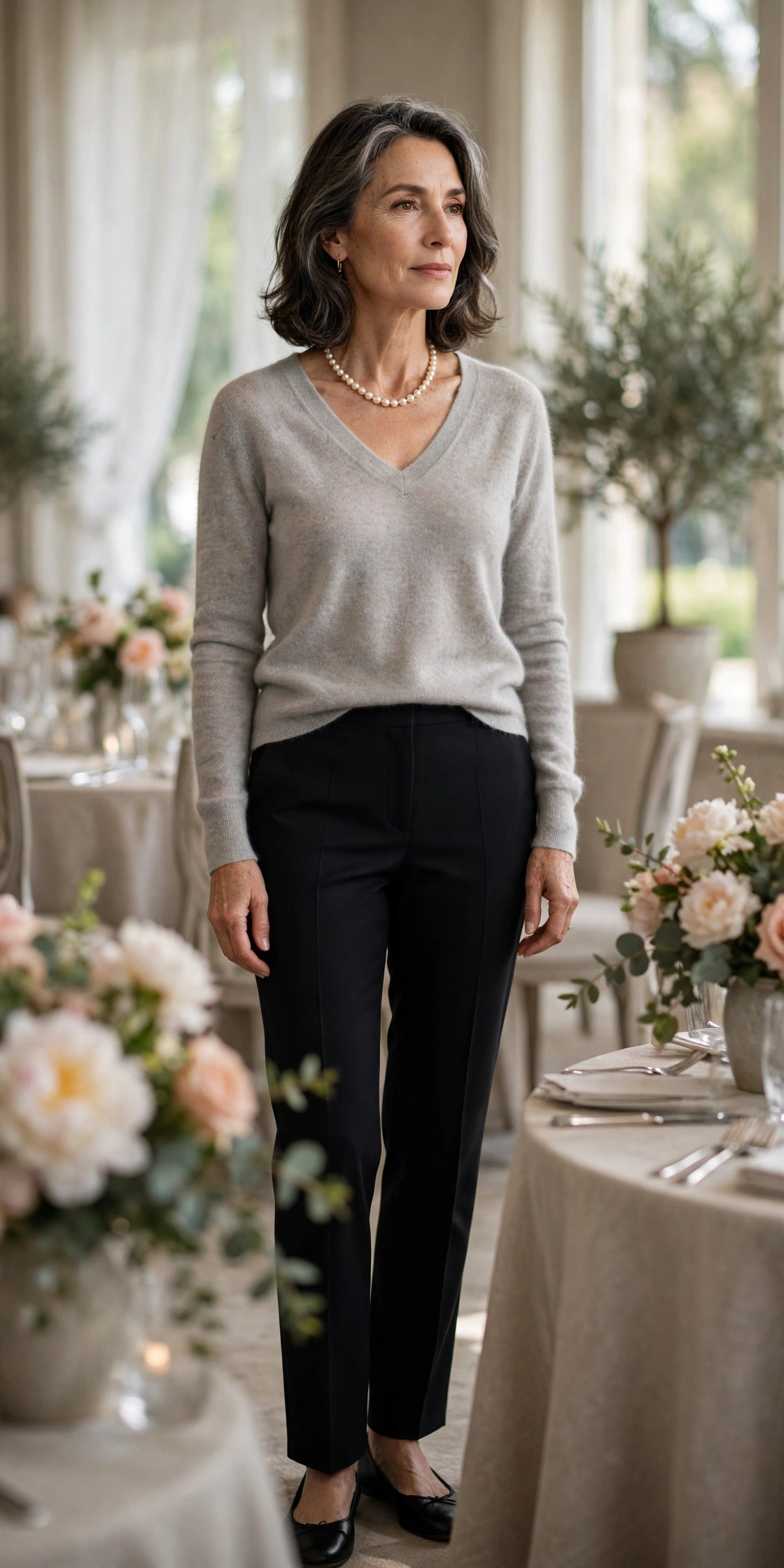 Woman over 50 in a gray cashmere v-neck sweater with pearls and black trousers