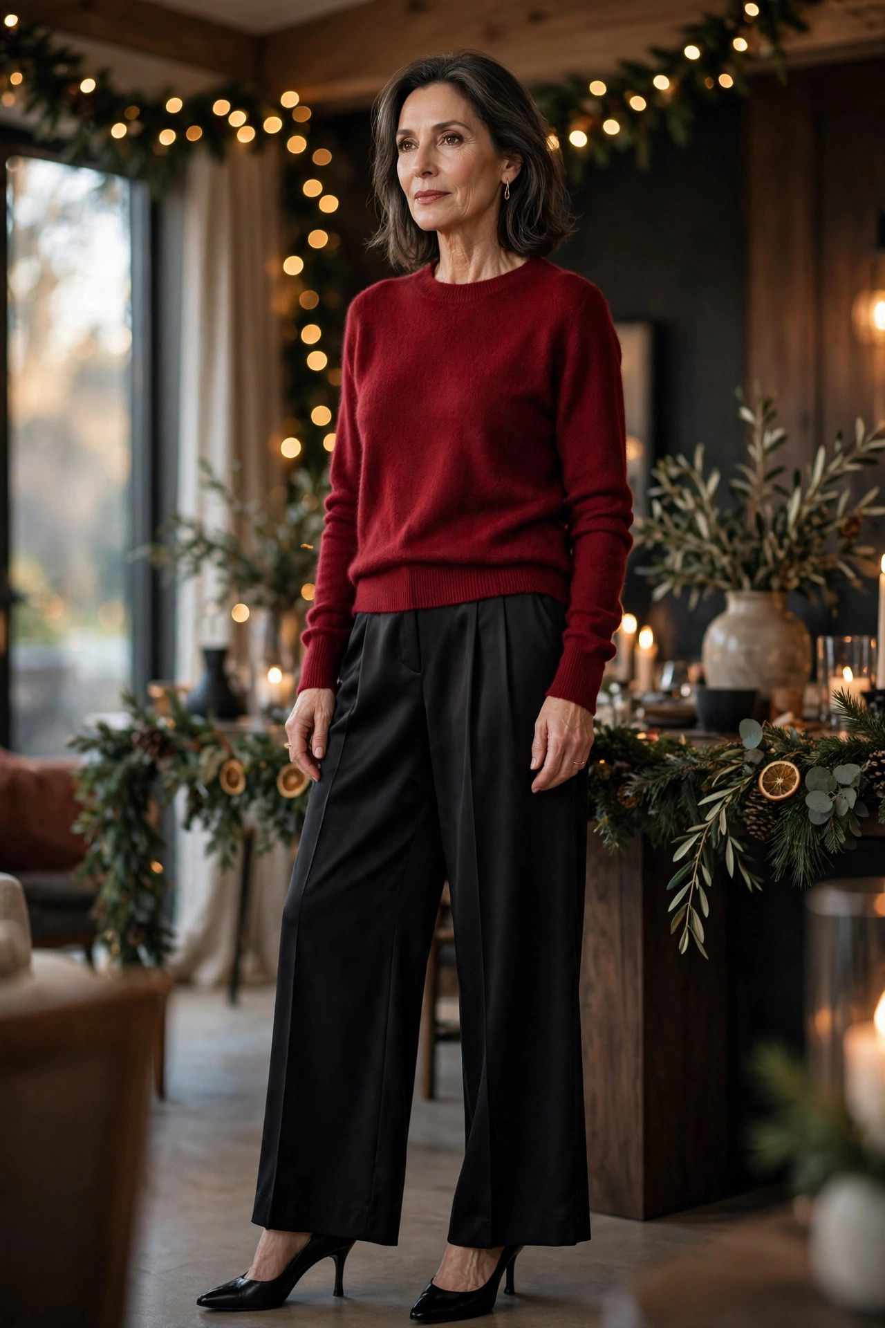 Woman over 50 wearing a deep red cashmere sweater with black satin trousers