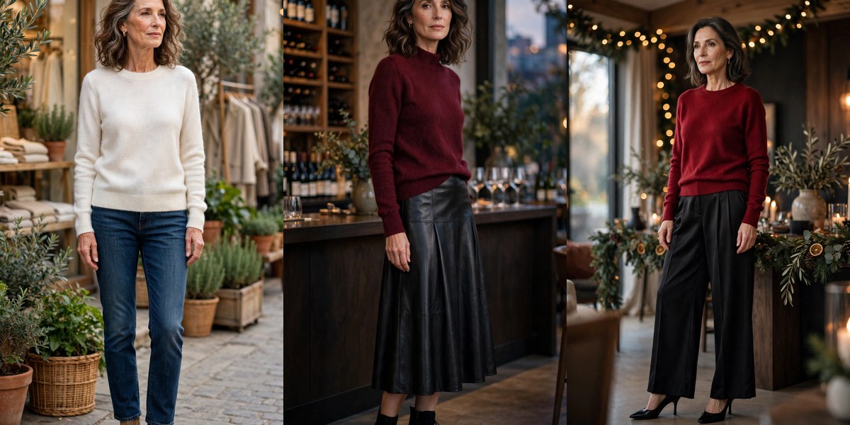 21 cashmere outfits for women over 50 collage: ivory crewneck, burgundy sweater, red holiday sweater